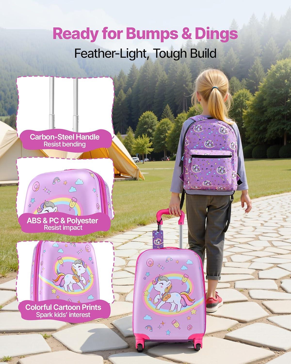 image:imageVEVOR Kids Luggage Set 5 Piece 18 Inch Hardside Rolling Wheels Suitcase with Backpack amp Ushape Pillow Bee Kids Carry on Luggage Set Holiday Birthday Gift for Girls Boys Airline ApprovedUnicorn