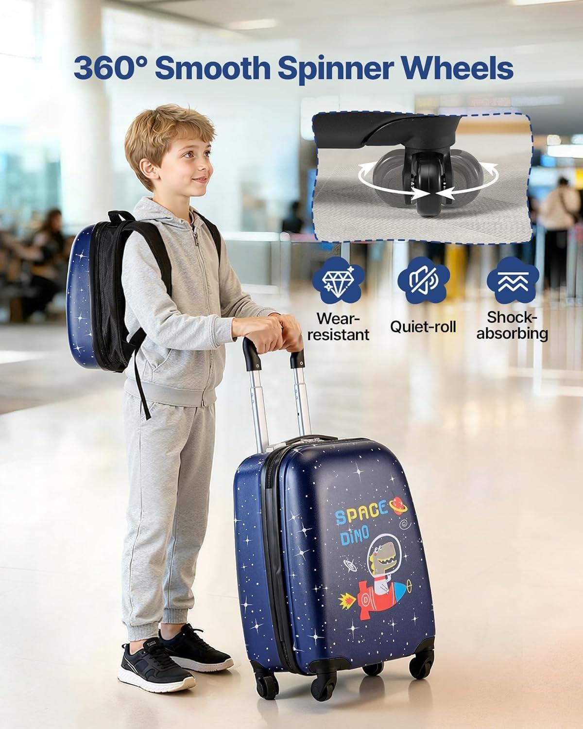 image:imageVEVOR Kids Luggage Set 5 Piece 18 Inch Hardside Rolling Wheels Suitcase with Backpack amp Ushape Pillow Bee Kids Carry on Luggage Set Holiday Birthday Gift for Girls Boys Airline ApprovedDinosaur
