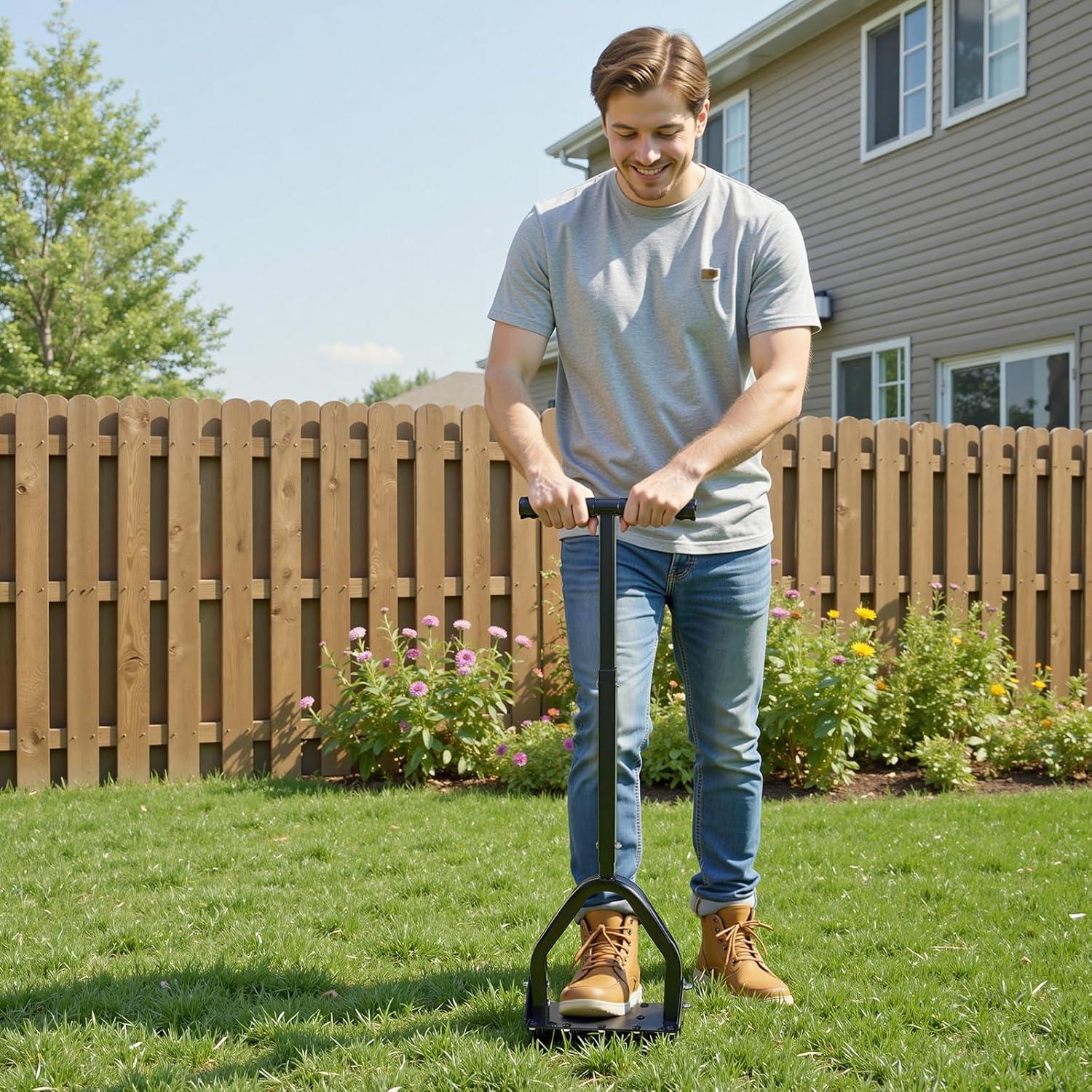 image:imageVEVOR Lawn Aerator 18 in Manual Push Spike Aerator with 4 Wheels amp Handle Heavy Duty Grass Aerators Supports 40 lbs Added Weight Rolling Lawn Aeration Tool for Garden Yard Aeration Soil HealthStepOn