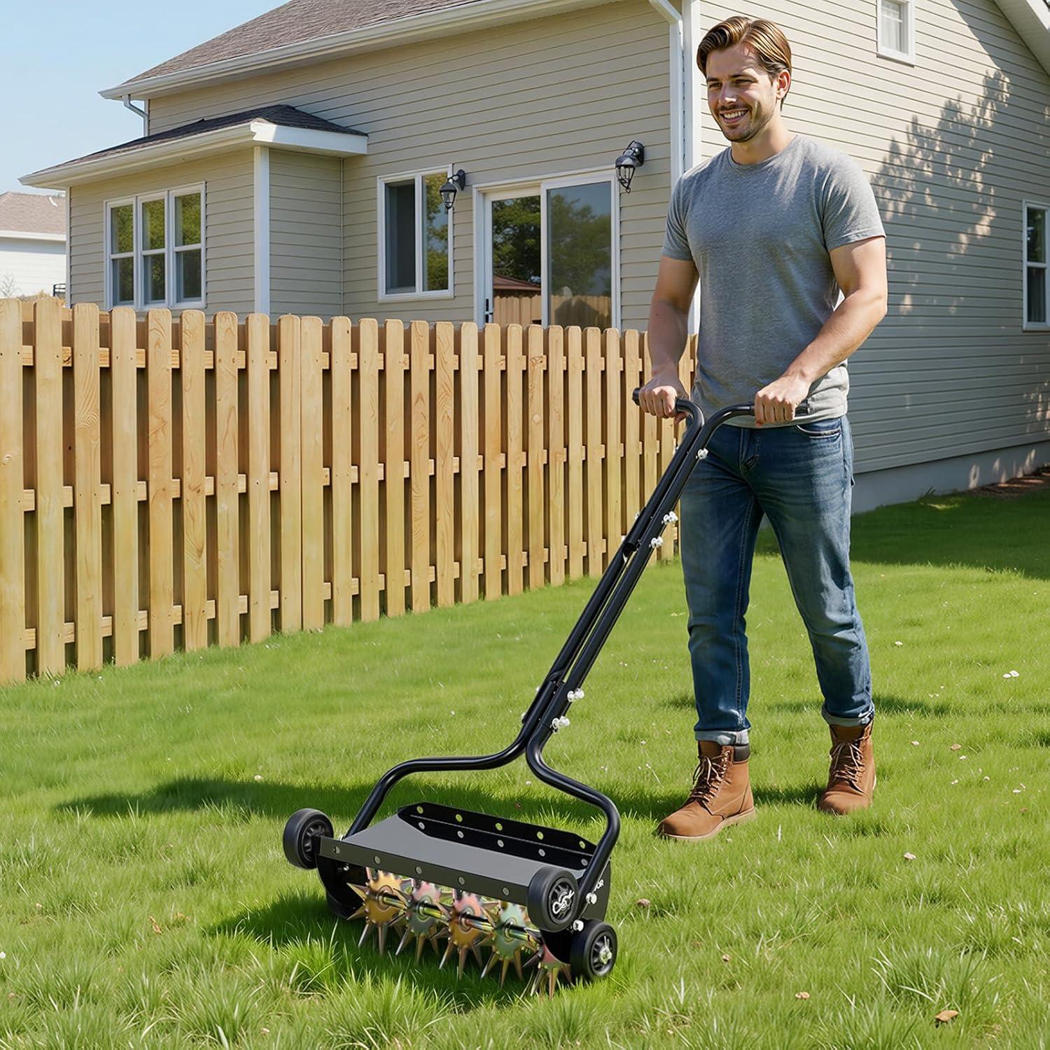 image:imageVEVOR Lawn Aerator 18 in Manual Push Spike Aerator with 4 Wheels amp Handle Heavy Duty Grass Aerators Supports 40 lbs Added Weight Rolling Lawn Aeration Tool for Garden Yard Aeration Soil HealthRolling Weighted Pro