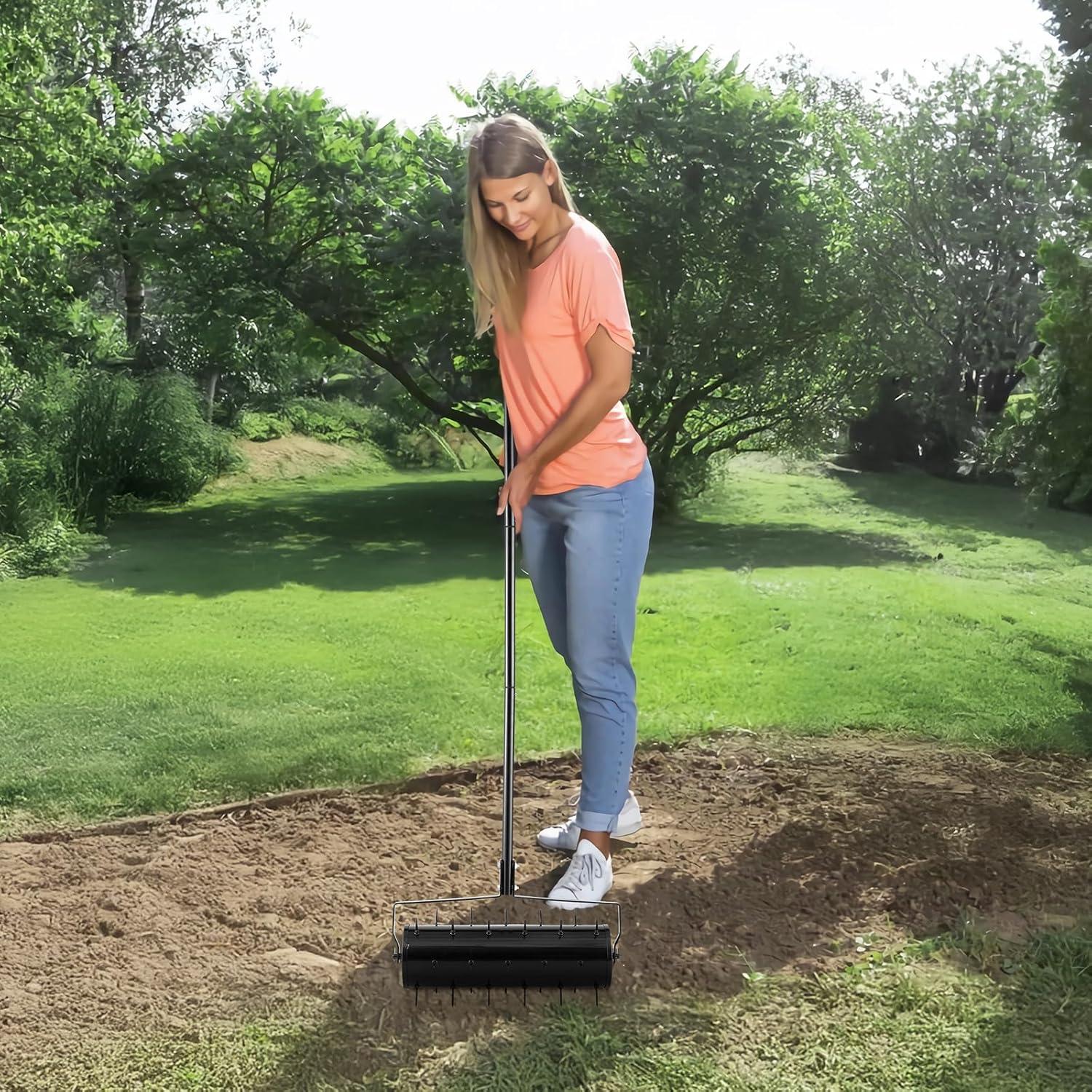 image:imageVEVOR Lawn Aerator 18 in Manual Push Spike Aerator with 4 Wheels amp Handle Heavy Duty Grass Aerators Supports 40 lbs Added Weight Rolling Lawn Aeration Tool for Garden Yard Aeration Soil HealthRolling