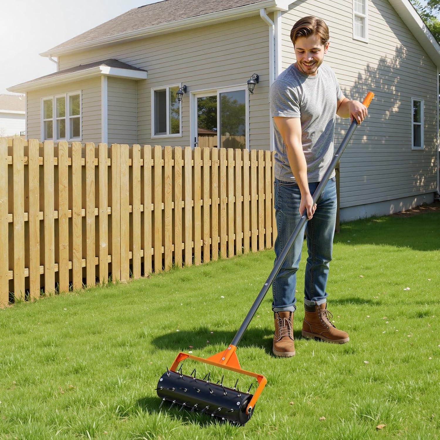image:imageVEVOR Lawn Aerator 18 in Manual Push Spike Aerator with 4 Wheels amp Handle Heavy Duty Grass Aerators Supports 40 lbs Added Weight Rolling Lawn Aeration Tool for Garden Yard Aeration Soil HealthRolling