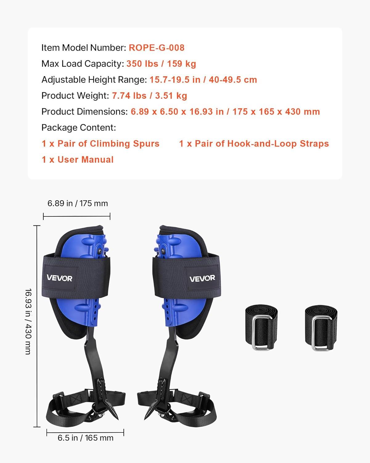image:imageVEVOR Tree Climbing Spikes 1 Pair HeightAdjustable Climbing Spurs 350lbs Load Capacity Tree Climbing Gear with Straps Arborist Equipment for Climbers Hunting Fruit PickingNavy Blue Basic