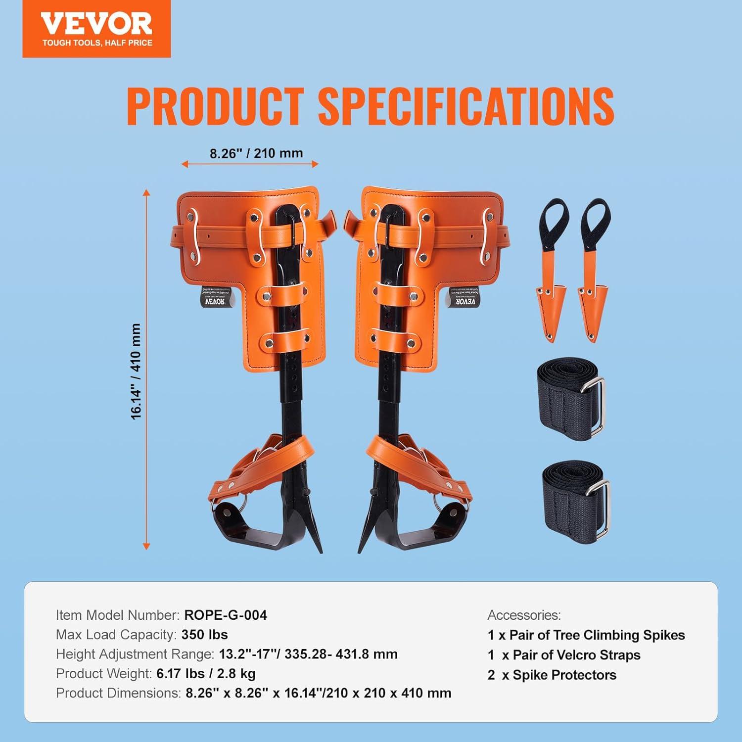 image:imageVEVOR Tree Climbing Spikes 1 Pair HeightAdjustable Climbing Spurs 350lbs Load Capacity Tree Climbing Gear with Straps Arborist Equipment for Climbers Hunting Fruit PickingOrange Basic