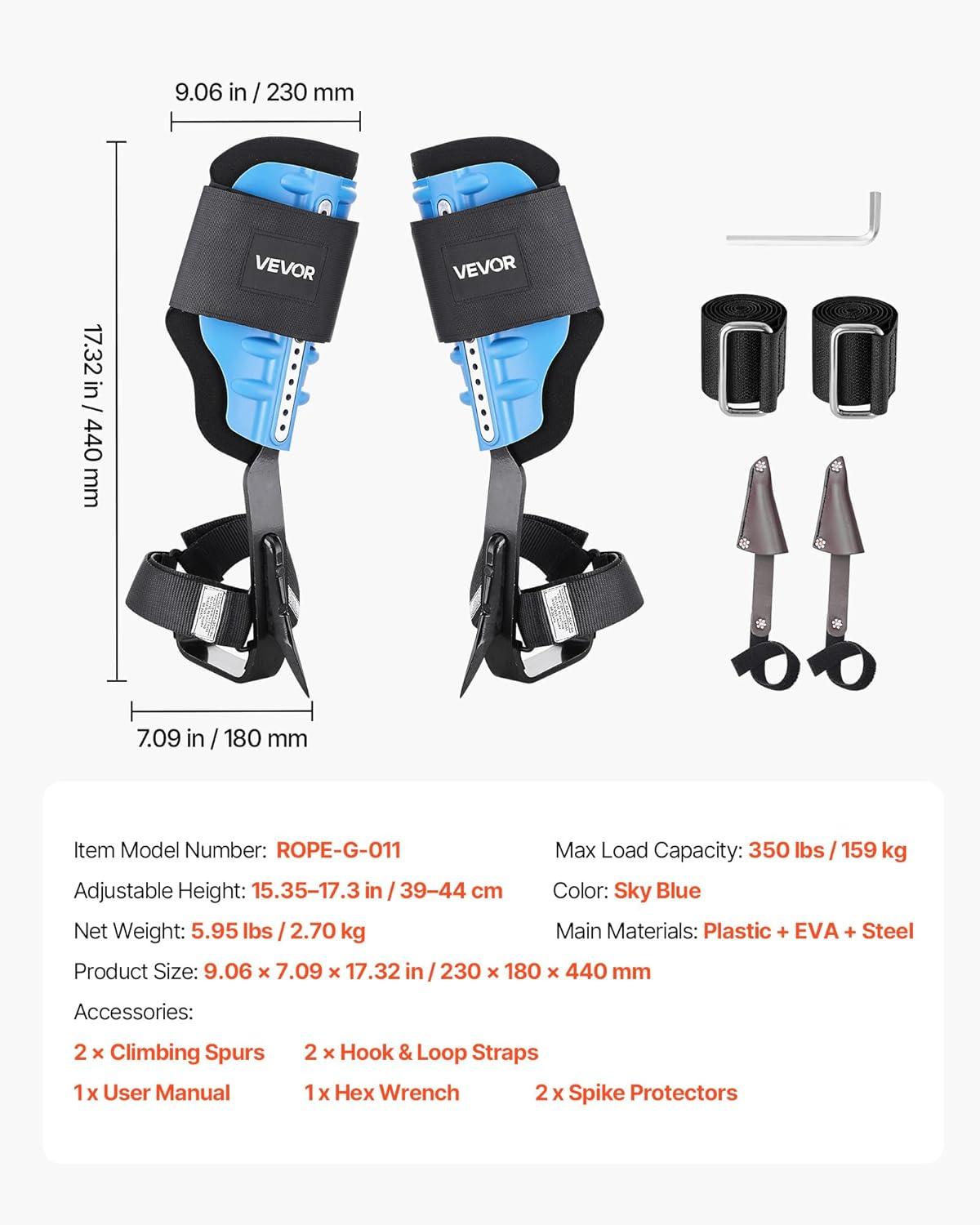 image:imageVEVOR Tree Climbing Spikes 1 Pair HeightAdjustable Climbing Spurs 350lbs Load Capacity Tree Climbing Gear with Straps Arborist Equipment for Climbers Hunting Fruit PickingSky Blue