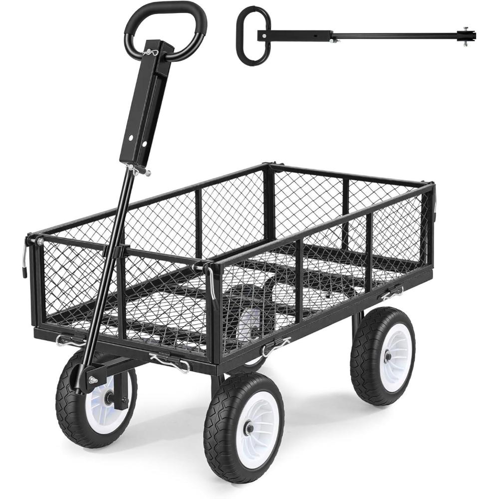 image:imageVEVOR 900 LBS Steel Garden Cart 2 in 1 Handle Heavy Duty Pullable Garden Wagon with 10 FlatFree Tires Outdoor Utility Yard Wagon Cart with Detachable Side Panels Attach to ATV or TractorBlack