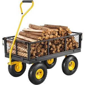 VEVOR 900 LBS Steel Garden Cart, 2 in 1 Handle, Heavy Duty Pullable Garden Wagon with 10″ Flat-Free Tires, Outdoor Utility Yard Wagon Cart with Detachable Side Panels, Attach to ATV or Tractor(Black+yellow)