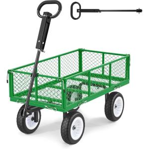VEVOR 900 LBS Steel Garden Cart, 2 in 1 Handle, Heavy Duty Pullable Garden Wagon with 10″ Flat-Free Tires, Outdoor Utility Yard Wagon Cart with Detachable Side Panels, Attach to ATV or Tractor(Green)