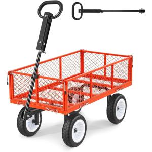 VEVOR 900 LBS Steel Garden Cart, 2 in 1 Handle, Heavy Duty Pullable Garden Wagon with 10″ Flat-Free Tires, Outdoor Utility Yard Wagon Cart with Detachable Side Panels, Attach to ATV or Tractor(Red)