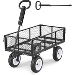 VEVOR 900 LBS Steel Garden Cart, 2 in 1 Handle, Heavy Duty Pullable Garden Wagon with 10″ Flat-Free Tires, Outdoor Utility Yard Wagon Cart with Detachable Side Panels, Attach to ATV or Tractor(Black)
