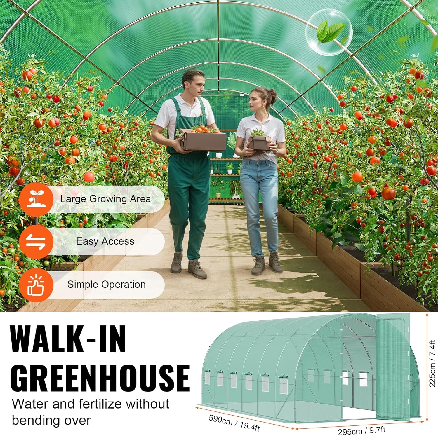 image:imageVEVOR Walkin Tunnel Greenhouse 292x97x65 ft Hoop House Greenhouse Tunnel Plant Hot House with Galvanized Steel Frame Green PE Cover Rollup Zipper Door and 12 Windows for OutdoorGreen