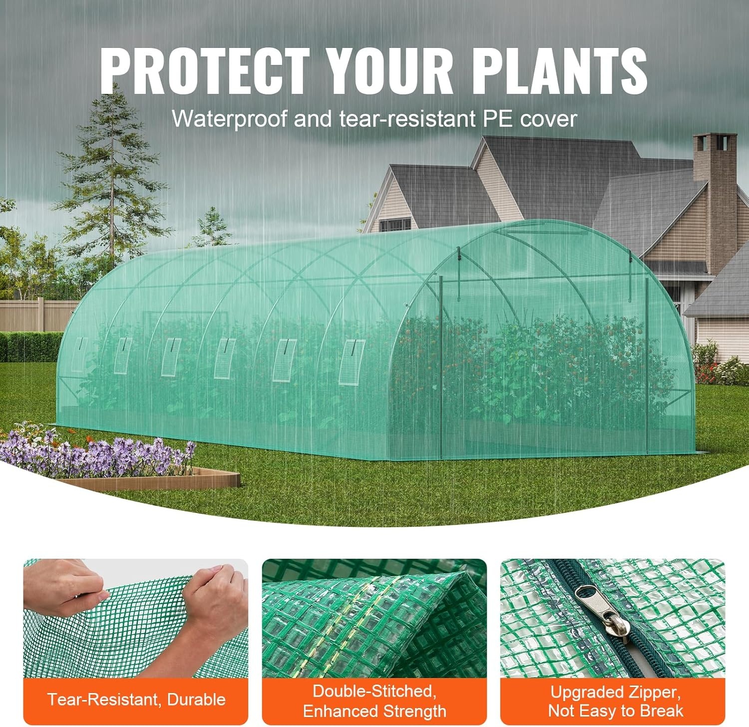 image:imageVEVOR Walkin Tunnel Greenhouse 292x97x65 ft Hoop House Greenhouse Tunnel Plant Hot House with Galvanized Steel Frame Green PE Cover Rollup Zipper Door and 12 Windows for OutdoorGreen