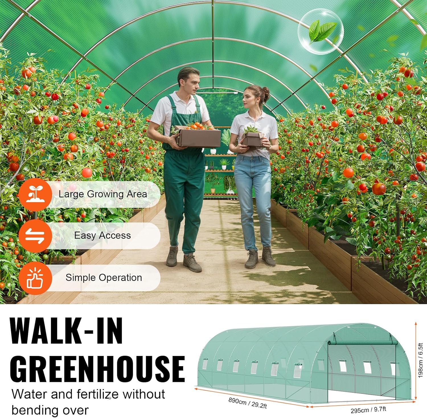 image:imageVEVOR Walkin Tunnel Greenhouse 292x97x65 ft Hoop House Greenhouse Tunnel Plant Hot House with Galvanized Steel Frame Green PE Cover Rollup Zipper Door and 12 Windows for OutdoorGreen