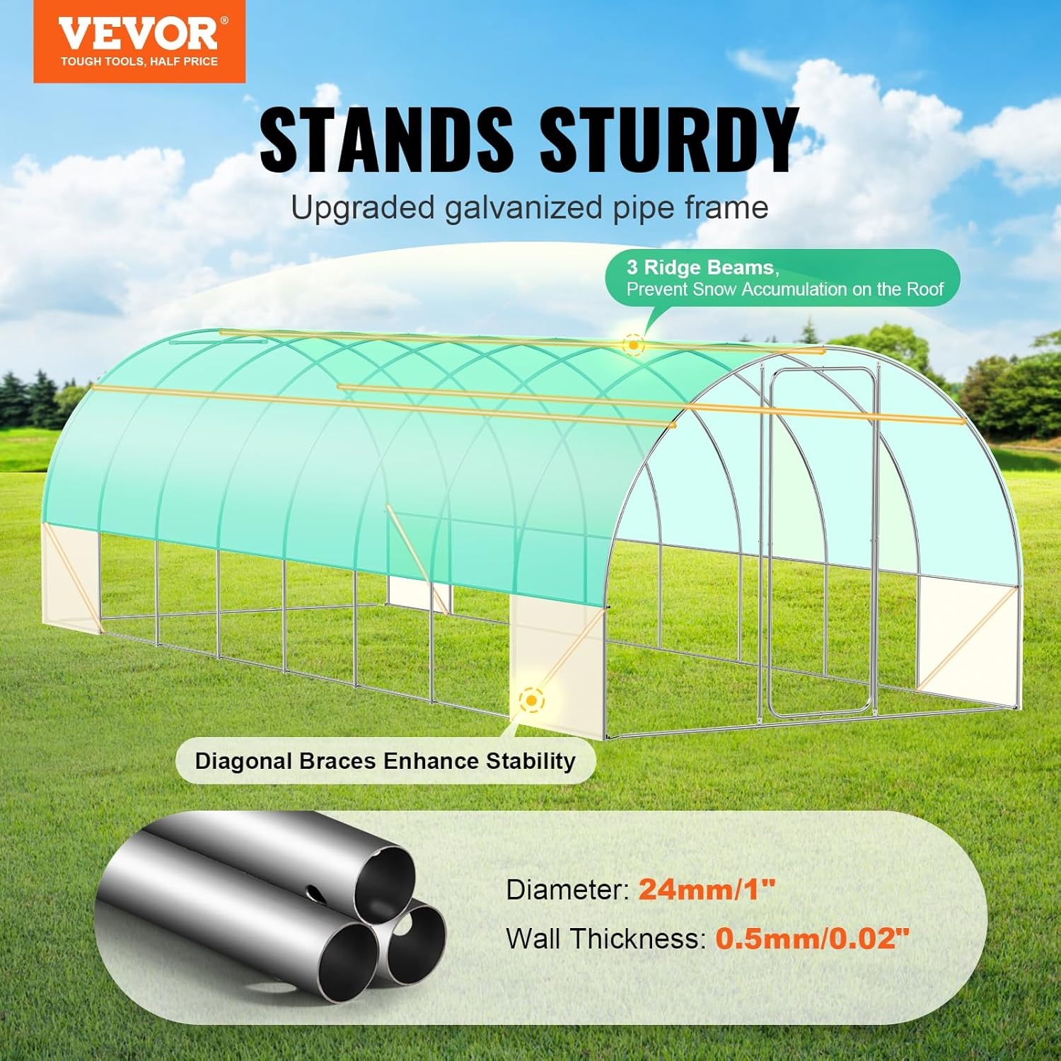 image:imageVEVOR Walkin Tunnel Greenhouse 292x97x65 ft Hoop House Greenhouse Tunnel Plant Hot House with Galvanized Steel Frame Green PE Cover Rollup Zipper Door and 12 Windows for OutdoorGreen