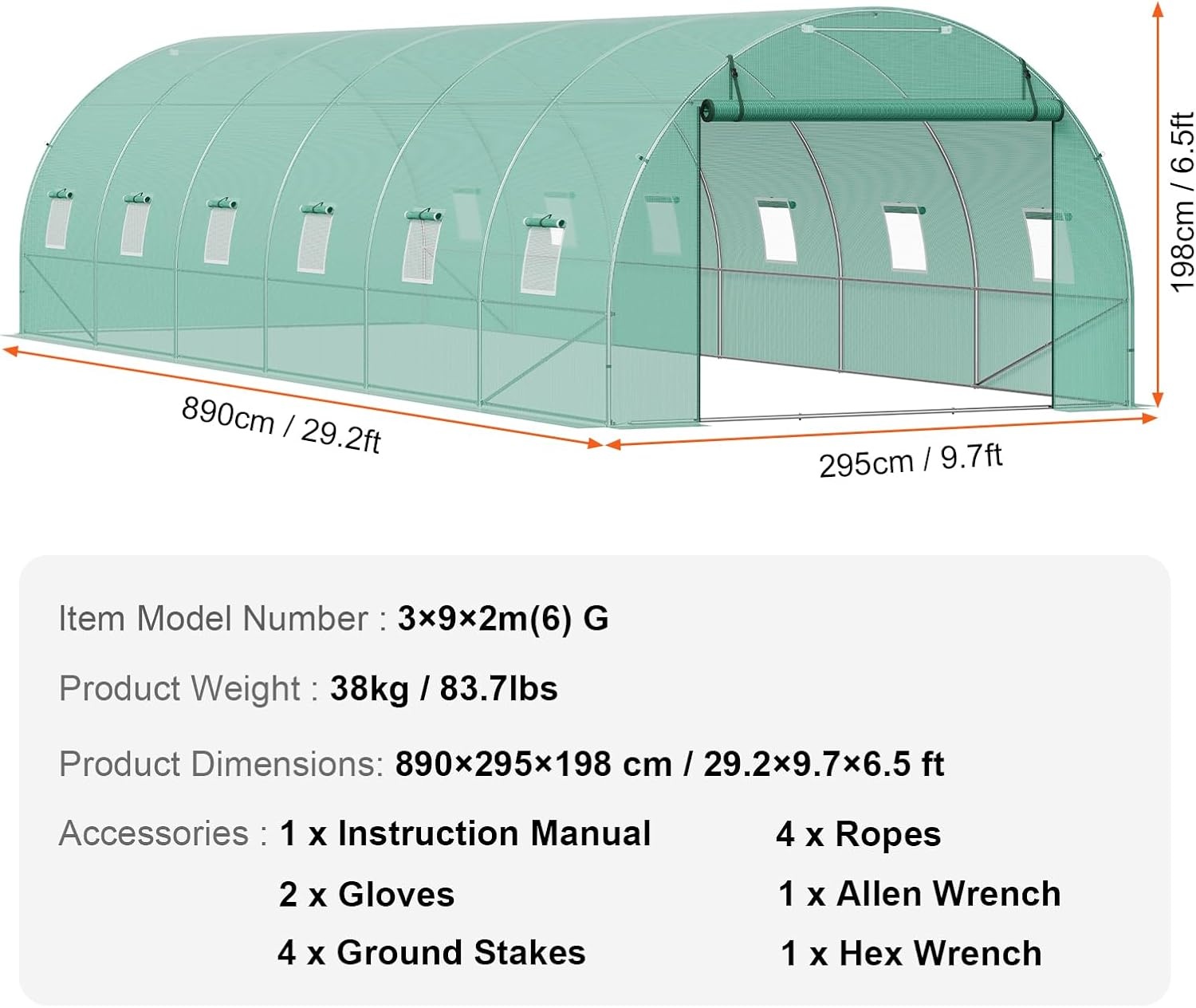 image:imageVEVOR Walkin Tunnel Greenhouse 292x97x65 ft Hoop House Greenhouse Tunnel Plant Hot House with Galvanized Steel Frame Green PE Cover Rollup Zipper Door and 12 Windows for OutdoorGreen