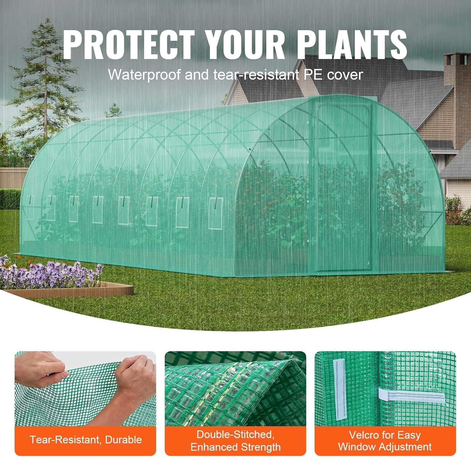 image:imageVEVOR Walkin Tunnel Greenhouse 292x97x65 ft Hoop House Greenhouse Tunnel Plant Hot House with Galvanized Steel Frame Green PE Cover Rollup Zipper Door and 12 Windows for OutdoorGreen