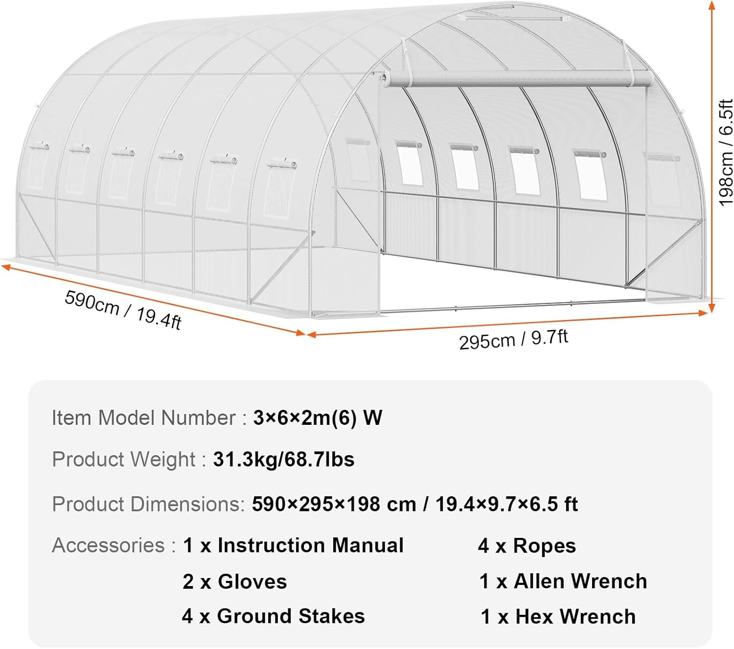 image:imageVEVOR Walkin Tunnel Greenhouse 292x97x65 ft Hoop House Greenhouse Tunnel Plant Hot House with Galvanized Steel Frame Green PE Cover Rollup Zipper Door and 12 Windows for OutdoorWhite