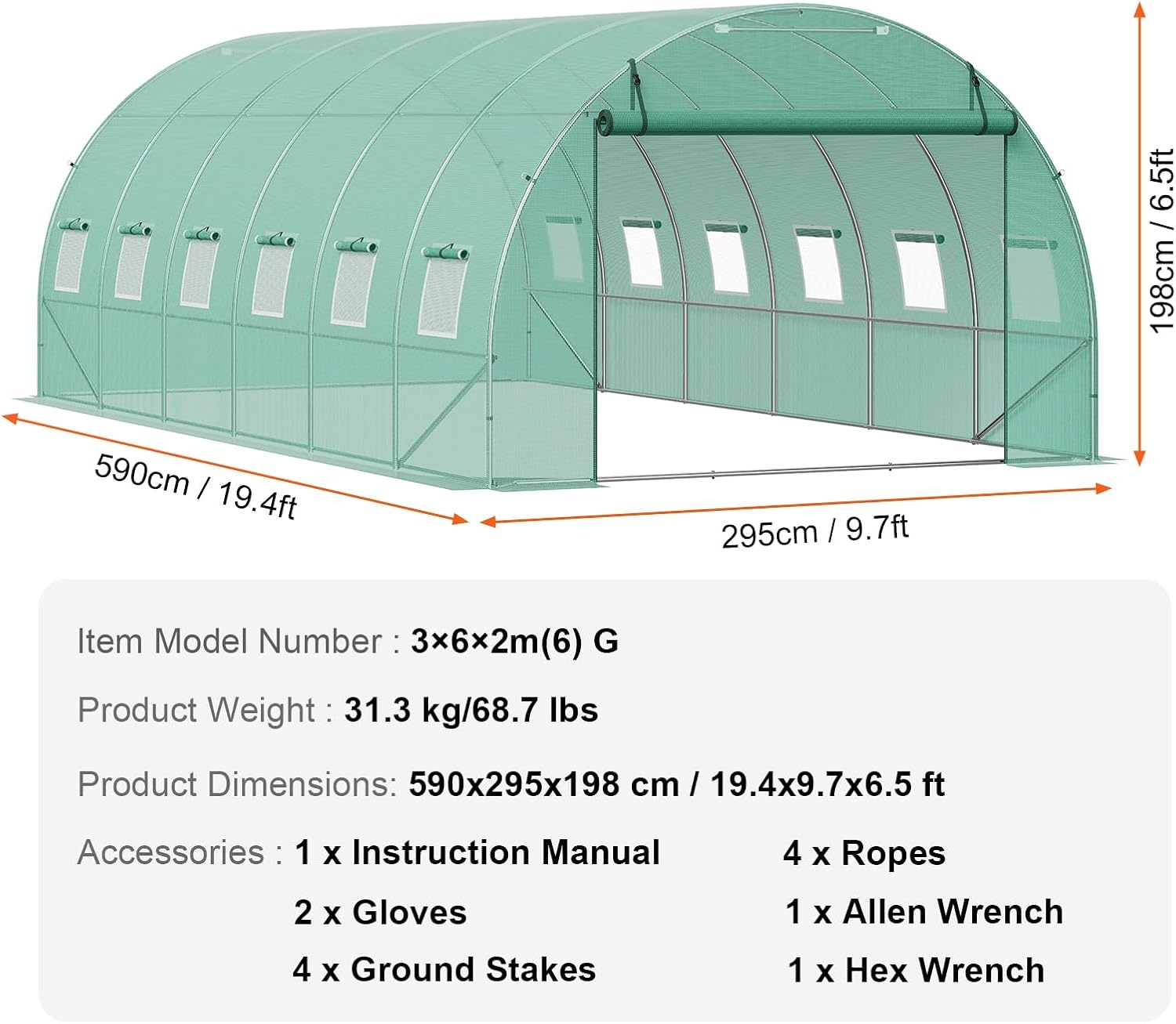 image:imageVEVOR Walkin Tunnel Greenhouse 292x97x65 ft Hoop House Greenhouse Tunnel Plant Hot House with Galvanized Steel Frame Green PE Cover Rollup Zipper Door and 12 Windows for OutdoorGreen