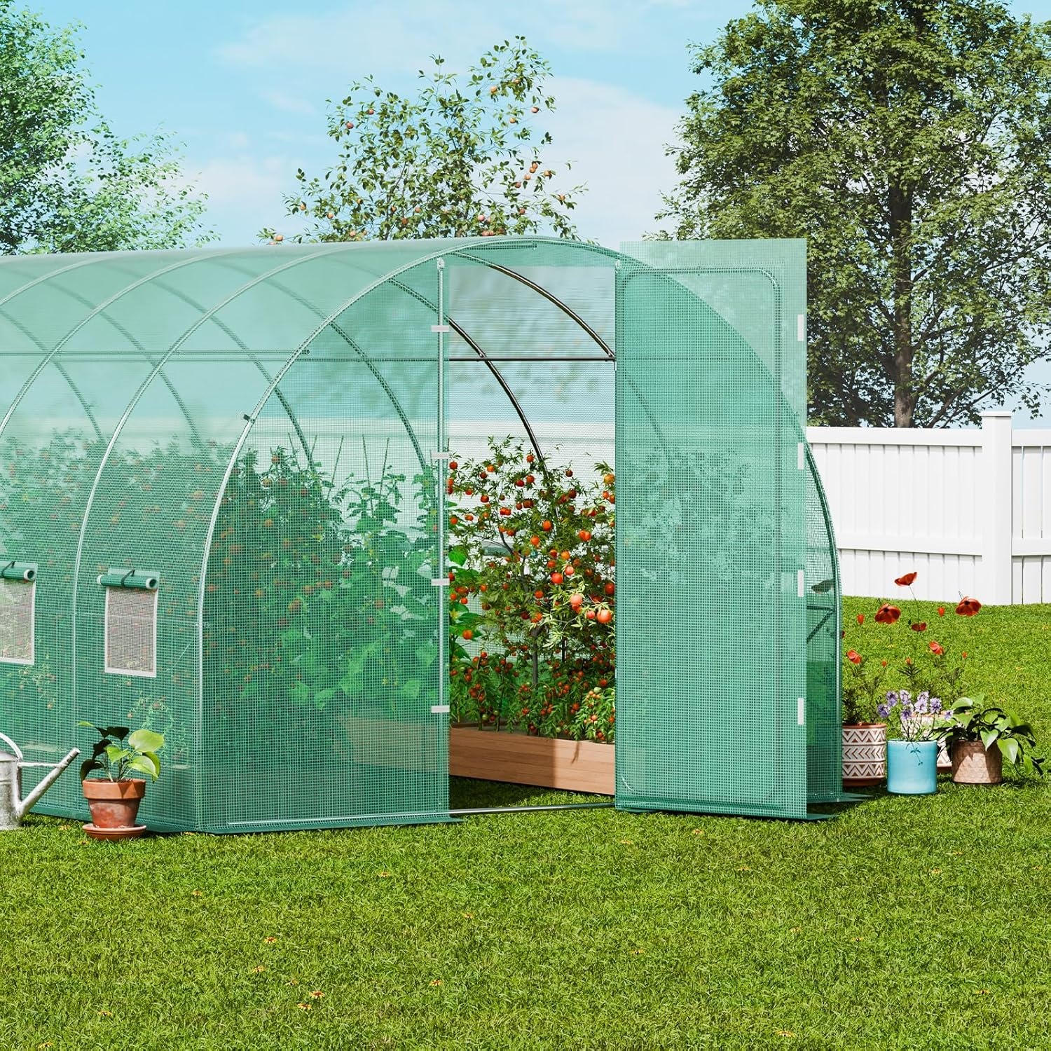 image:imageVEVOR Walkin Tunnel Greenhouse 292x97x65 ft Hoop House Greenhouse Tunnel Plant Hot House with Galvanized Steel Frame Green PE Cover Rollup Zipper Door and 12 Windows for OutdoorGreen