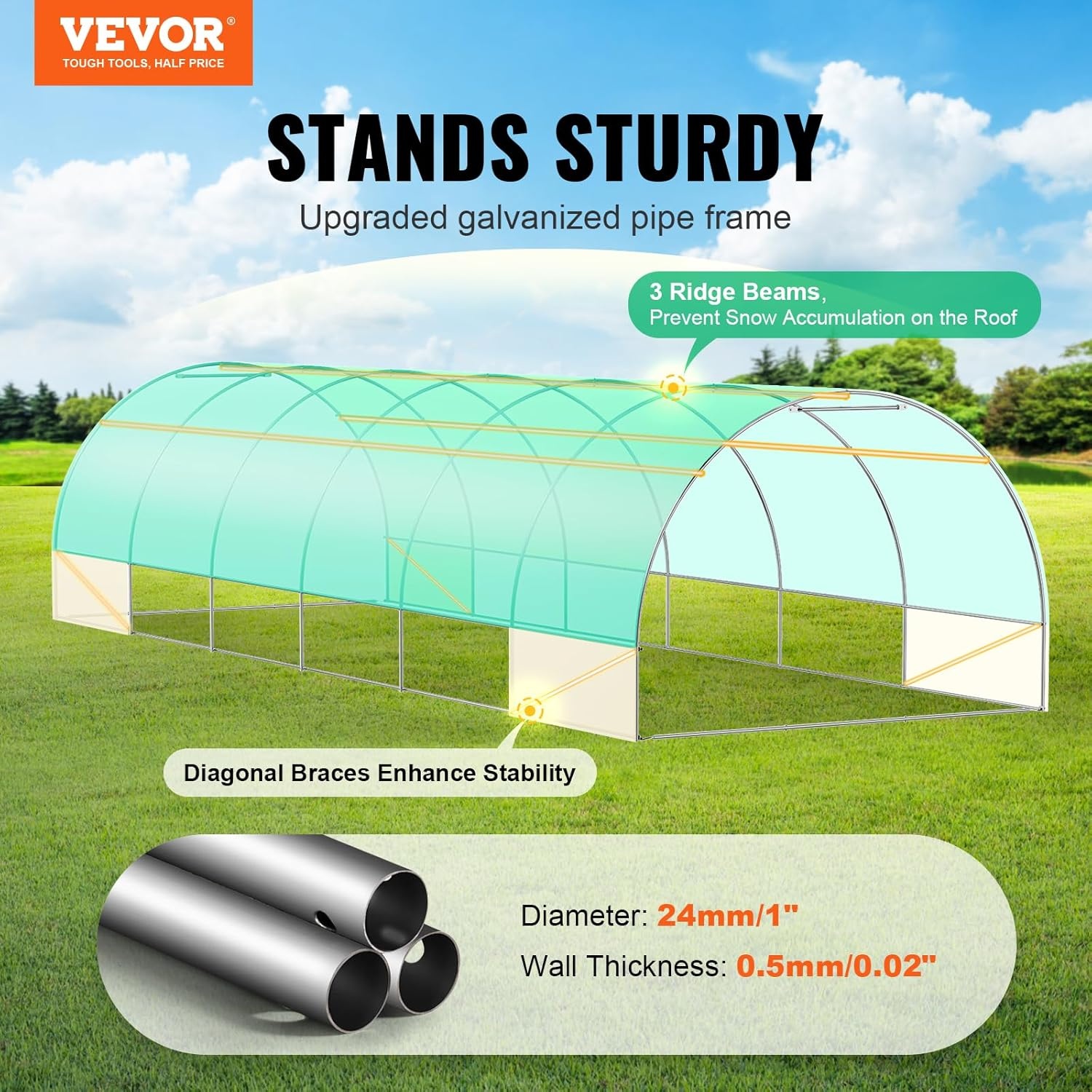 image:imageVEVOR Walkin Tunnel Greenhouse 292x97x65 ft Hoop House Greenhouse Tunnel Plant Hot House with Galvanized Steel Frame Green PE Cover Rollup Zipper Door and 12 Windows for OutdoorGreen