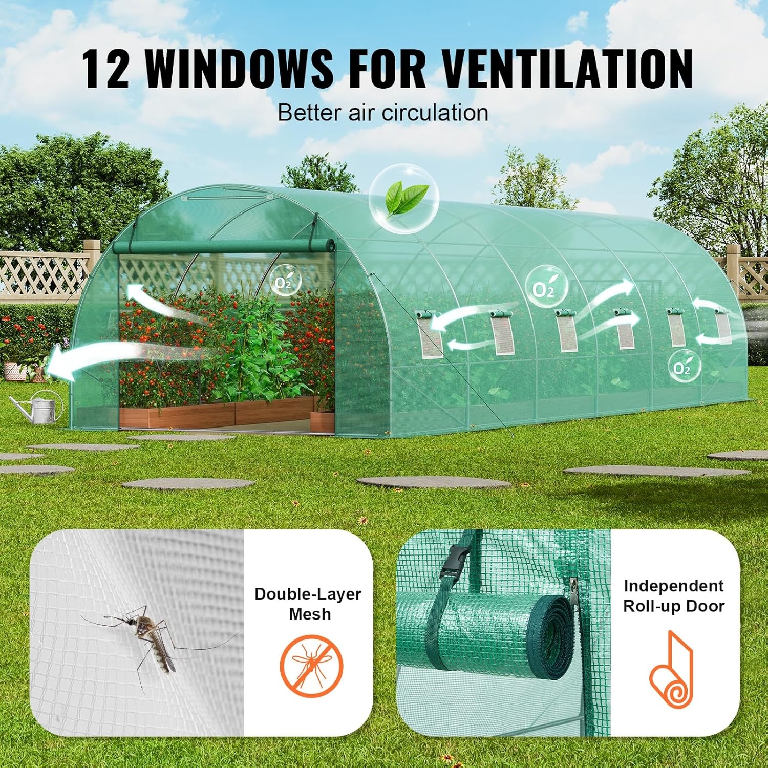 image:imageVEVOR Walkin Tunnel Greenhouse 292x97x65 ft Hoop House Greenhouse Tunnel Plant Hot House with Galvanized Steel Frame Green PE Cover Rollup Zipper Door and 12 Windows for OutdoorGreen