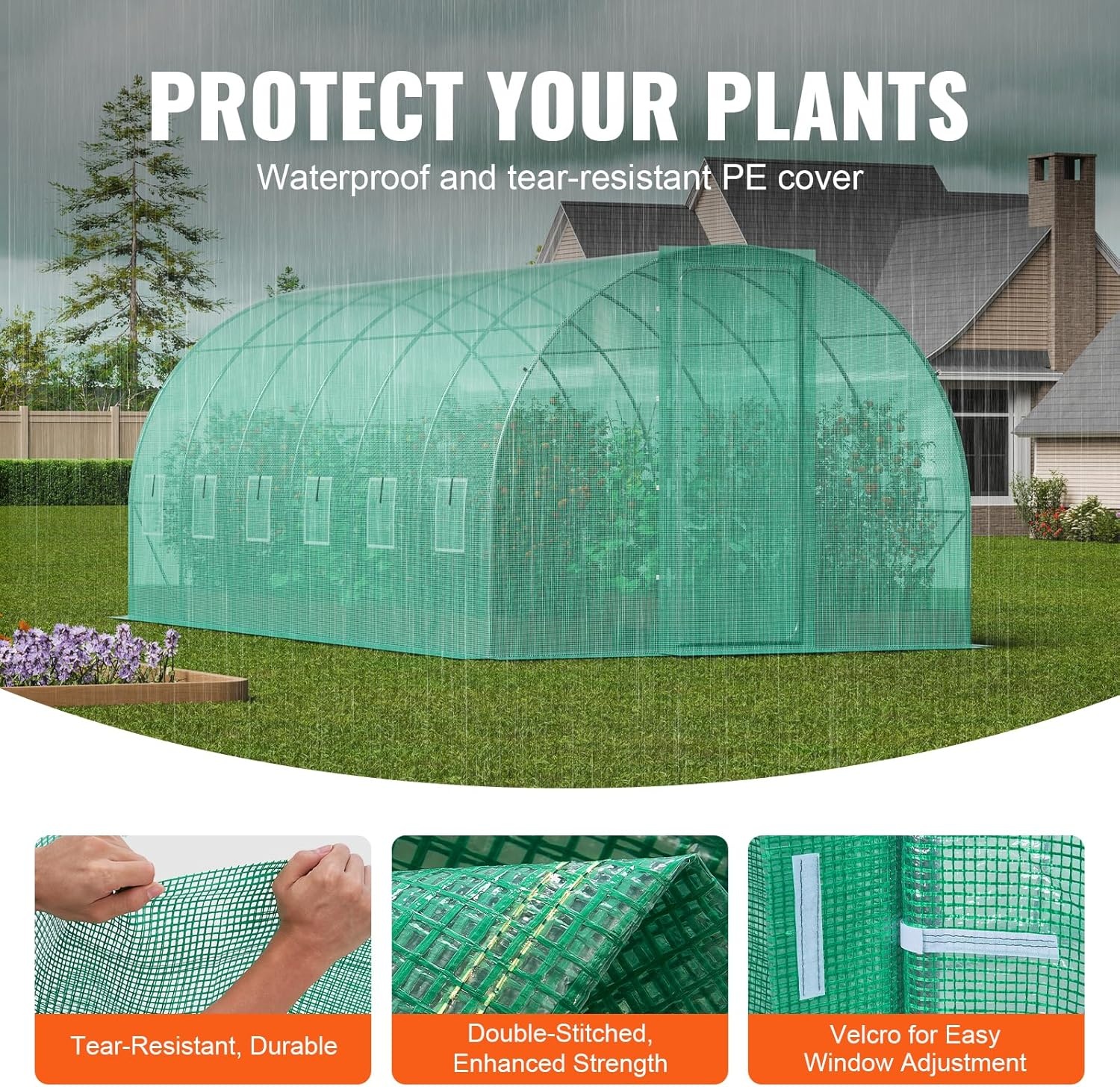 image:imageVEVOR Walkin Tunnel Greenhouse 292x97x65 ft Hoop House Greenhouse Tunnel Plant Hot House with Galvanized Steel Frame Green PE Cover Rollup Zipper Door and 12 Windows for OutdoorGreen