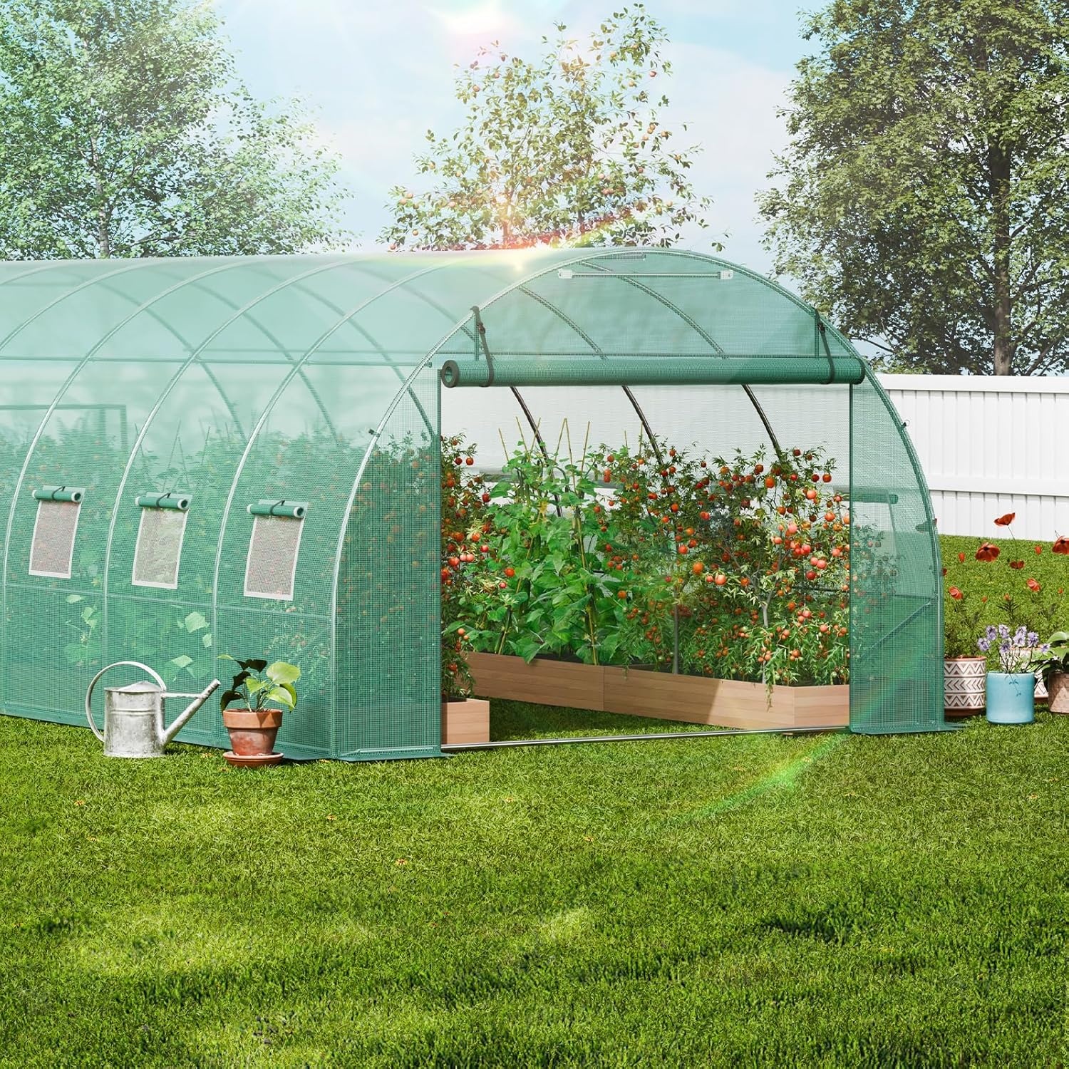 image:imageVEVOR Walkin Tunnel Greenhouse 292x97x65 ft Hoop House Greenhouse Tunnel Plant Hot House with Galvanized Steel Frame Green PE Cover Rollup Zipper Door and 12 Windows for OutdoorGreen