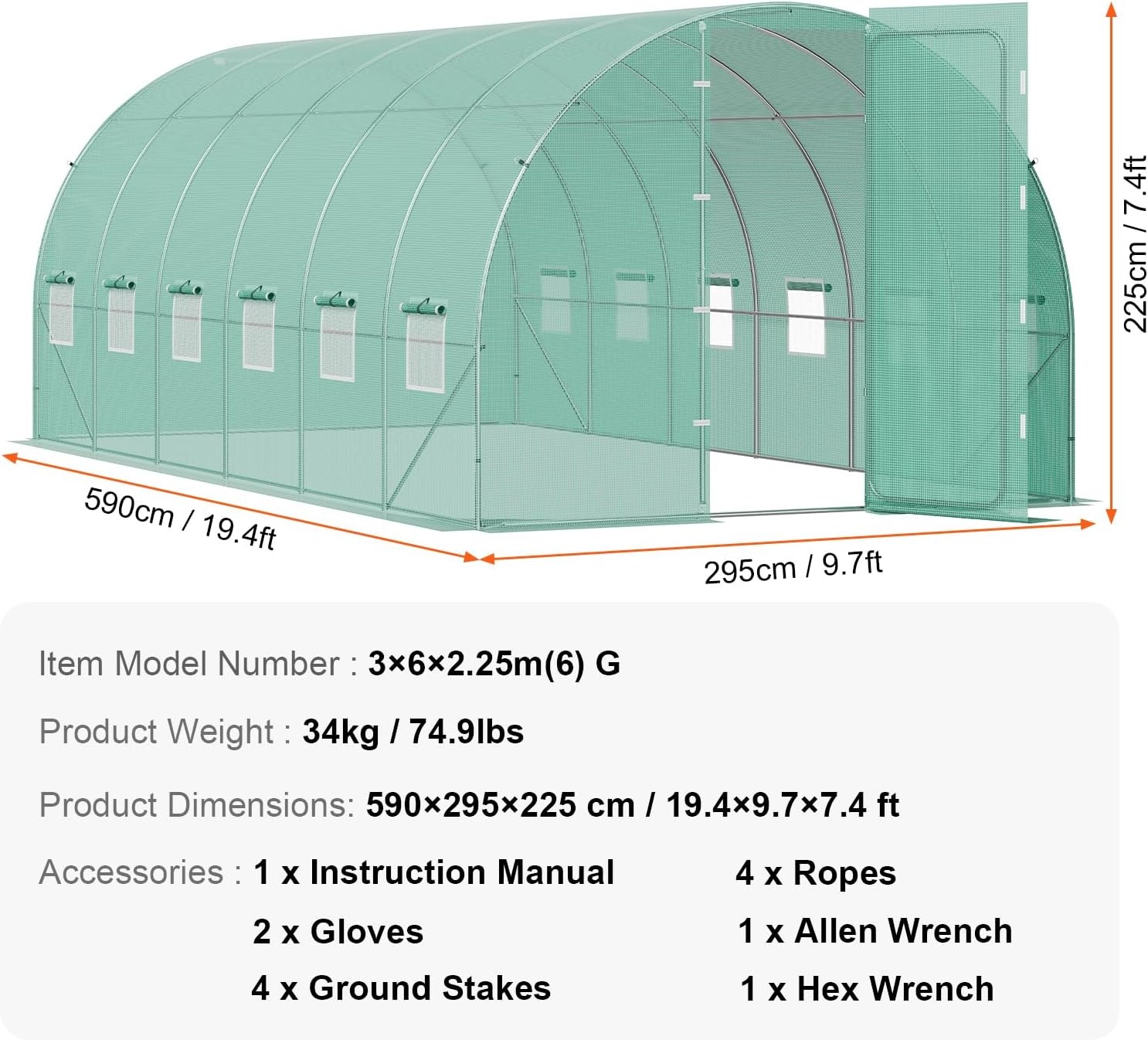 image:imageVEVOR Walkin Tunnel Greenhouse 292x97x65 ft Hoop House Greenhouse Tunnel Plant Hot House with Galvanized Steel Frame Green PE Cover Rollup Zipper Door and 12 Windows for OutdoorGreen