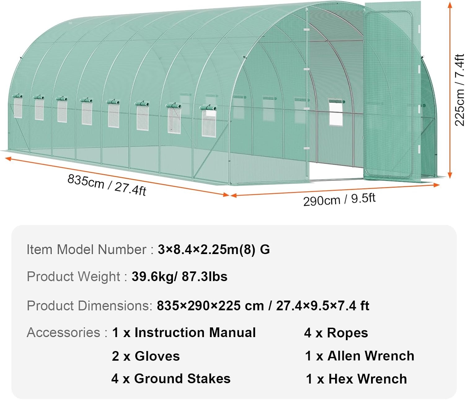 image:imageVEVOR Walkin Tunnel Greenhouse 292x97x65 ft Hoop House Greenhouse Tunnel Plant Hot House with Galvanized Steel Frame Green PE Cover Rollup Zipper Door and 12 Windows for OutdoorGreen