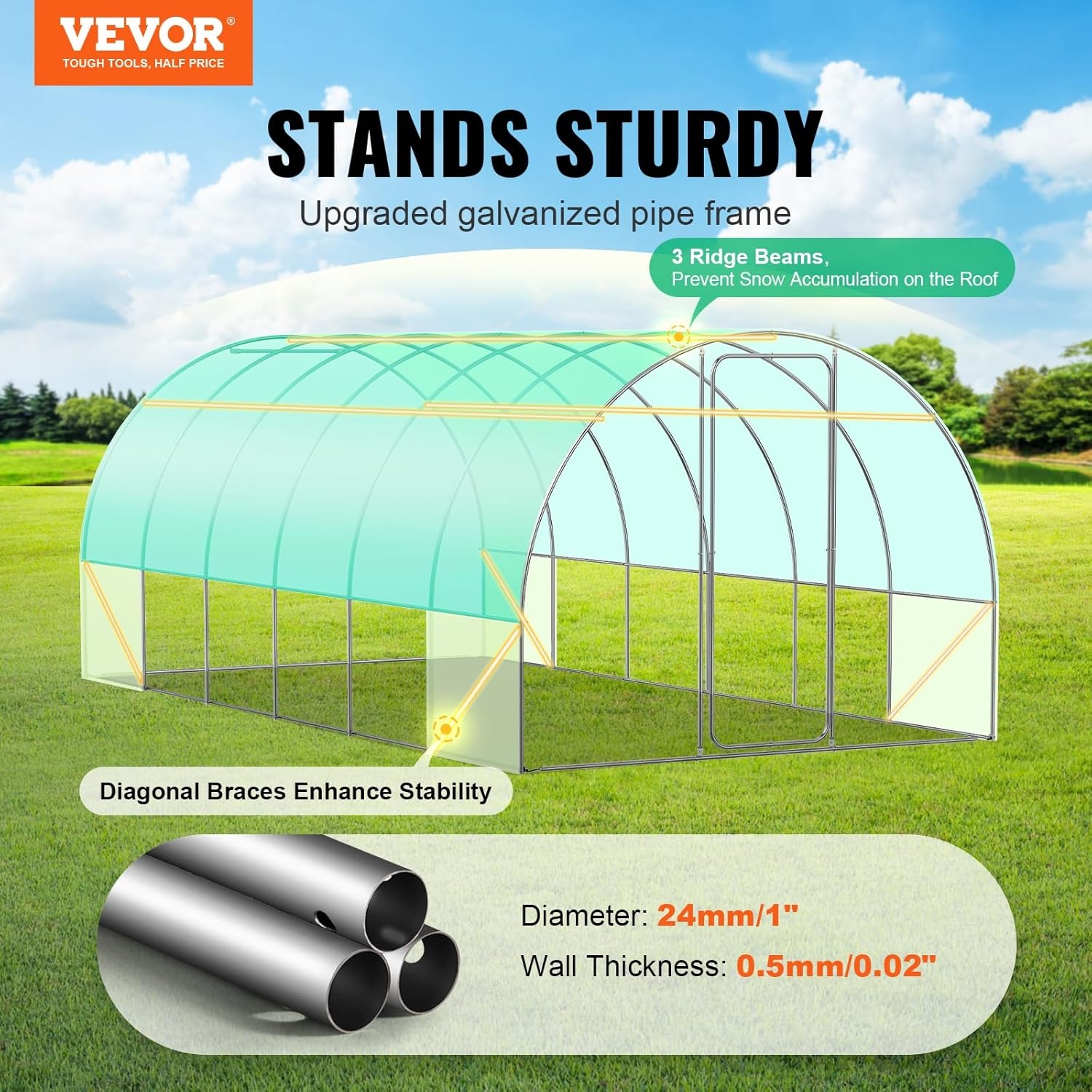 image:imageVEVOR Walkin Tunnel Greenhouse 292x97x65 ft Hoop House Greenhouse Tunnel Plant Hot House with Galvanized Steel Frame Green PE Cover Rollup Zipper Door and 12 Windows for OutdoorGreen