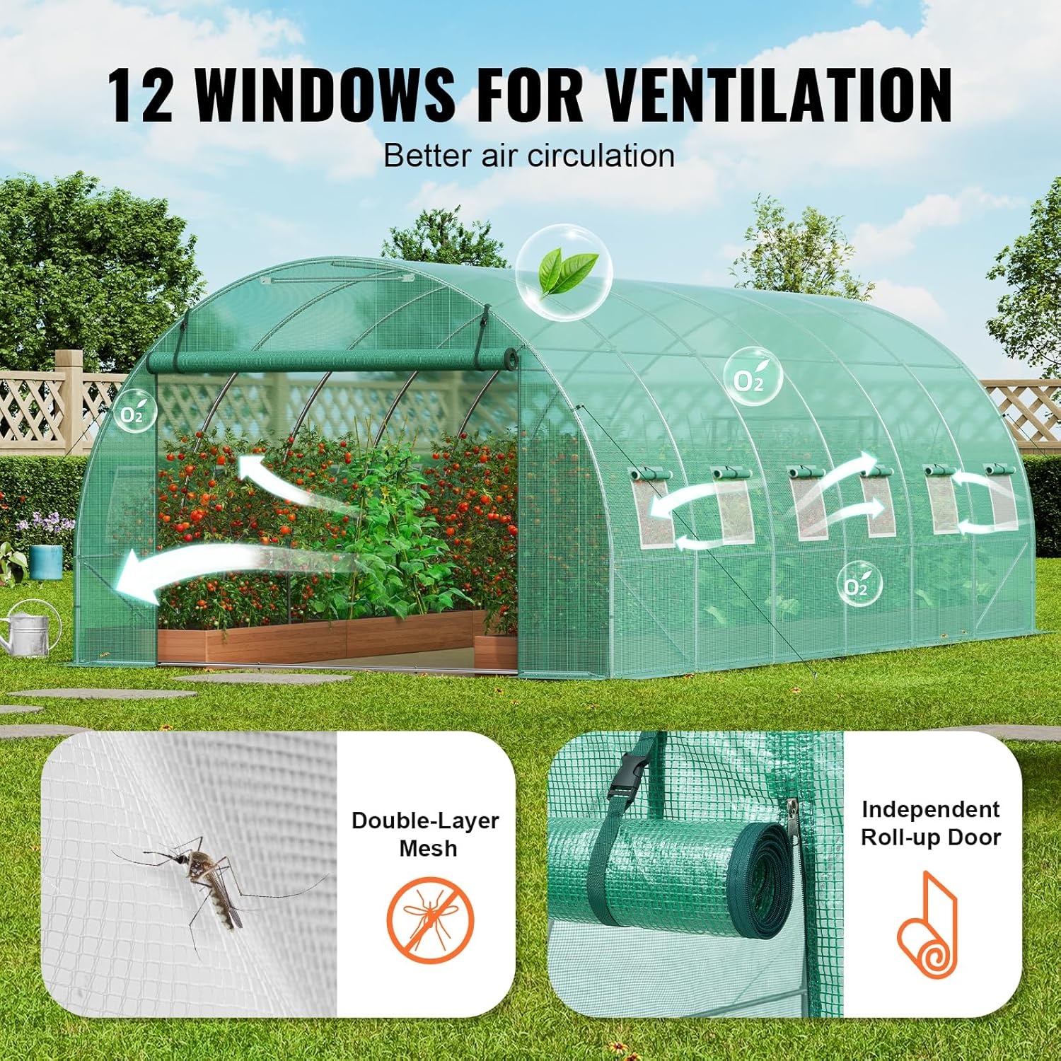 image:imageVEVOR Walkin Tunnel Greenhouse 292x97x65 ft Hoop House Greenhouse Tunnel Plant Hot House with Galvanized Steel Frame Green PE Cover Rollup Zipper Door and 12 Windows for OutdoorGreen