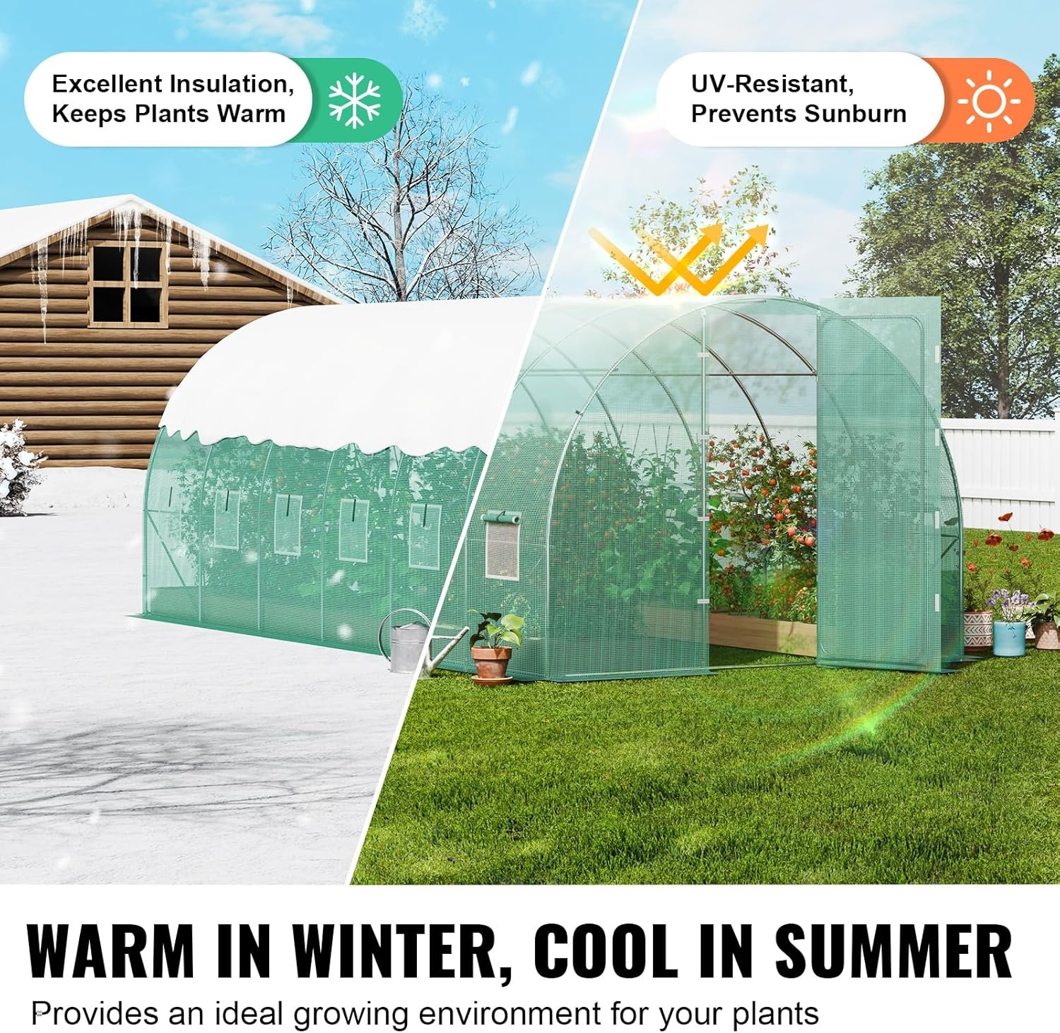 image:imageVEVOR Walkin Tunnel Greenhouse 292x97x65 ft Hoop House Greenhouse Tunnel Plant Hot House with Galvanized Steel Frame Green PE Cover Rollup Zipper Door and 12 Windows for OutdoorGreen
