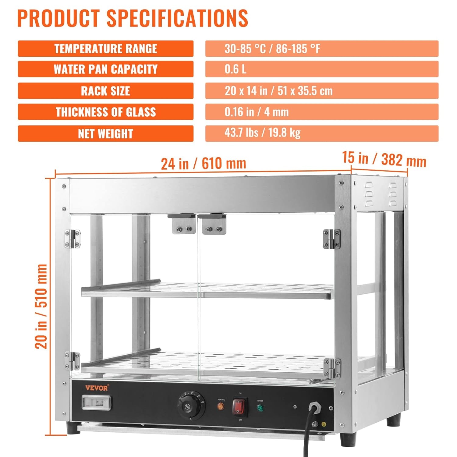 image:imageVEVOR Commercial Food Warmer Display 2 Tiers 800W Pizza Warmer w 3D Heating 3Color Lighting Bottom Fan Countertop Pastry Warmer wTemp Knob amp Display 06L Water Tray Stainless Frame Glass Doors