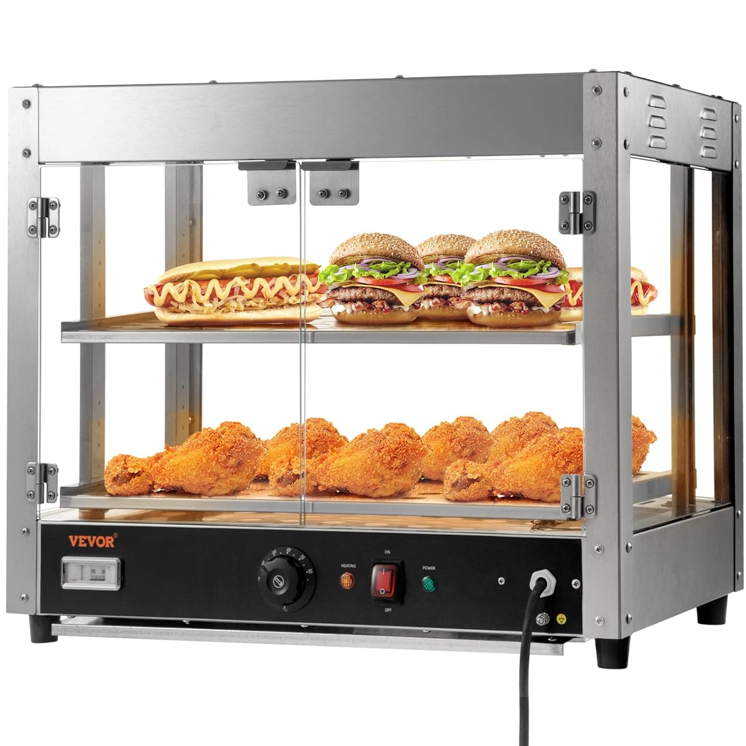 image:imageVEVOR Commercial Food Warmer Display 2 Tiers 800W Pizza Warmer w 3D Heating 3Color Lighting Bottom Fan Countertop Pastry Warmer wTemp Knob amp Display 06L Water Tray Stainless Frame Glass Doors