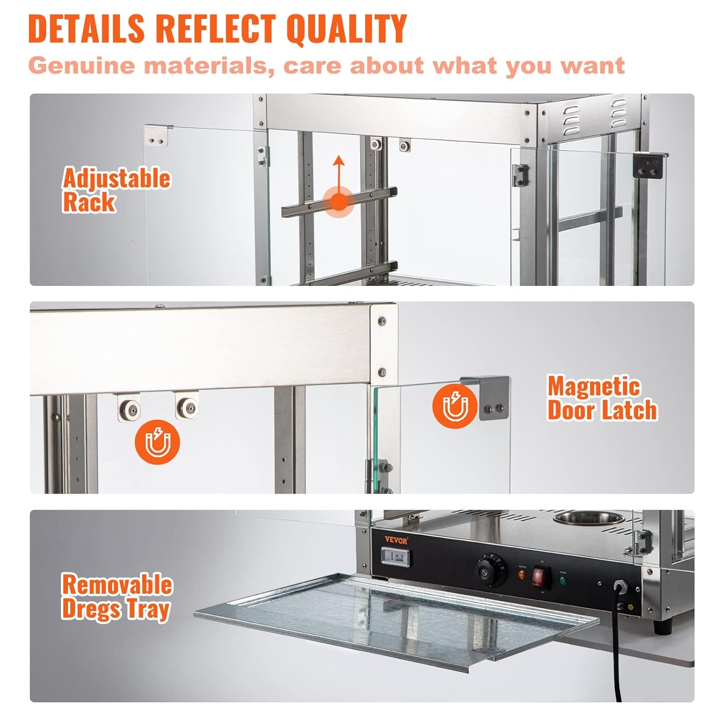 image:imageVEVOR Commercial Food Warmer Display 2 Tiers 800W Pizza Warmer w 3D Heating 3Color Lighting Bottom Fan Countertop Pastry Warmer wTemp Knob amp Display 06L Water Tray Stainless Frame Glass Doors