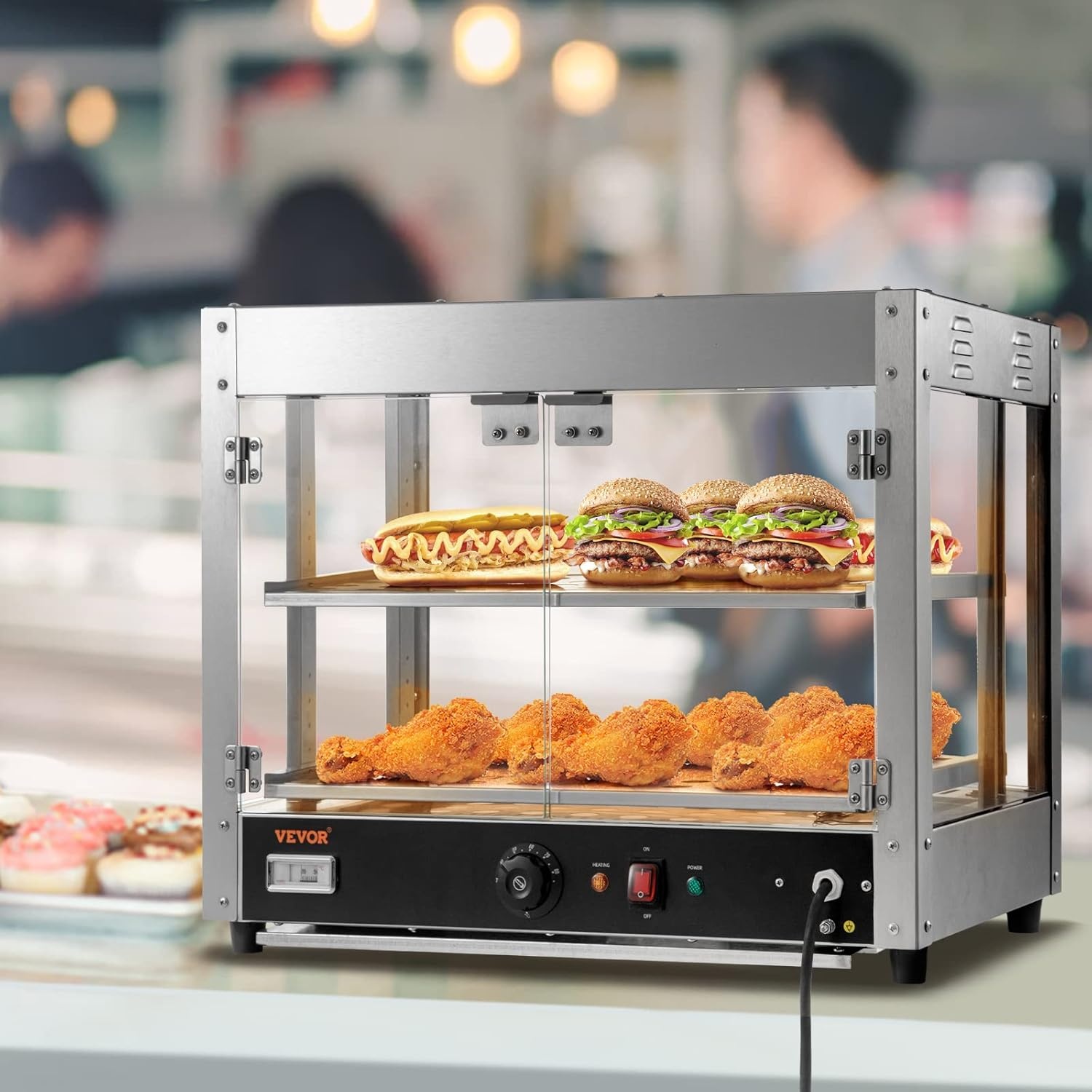 image:imageVEVOR Commercial Food Warmer Display 2 Tiers 800W Pizza Warmer w 3D Heating 3Color Lighting Bottom Fan Countertop Pastry Warmer wTemp Knob amp Display 06L Water Tray Stainless Frame Glass Doors