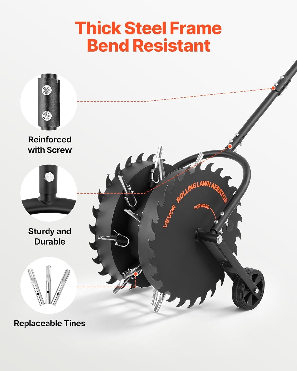 image:imageVEVOR Rolling Lawn Core Aerator 166 in Coring Aerator Roller with AntiClog Tines Heavy Duty amp RustResistant Yard Grass Pulling Plugs Manual Aeration Tool for Compacted Garden Soil Loosening