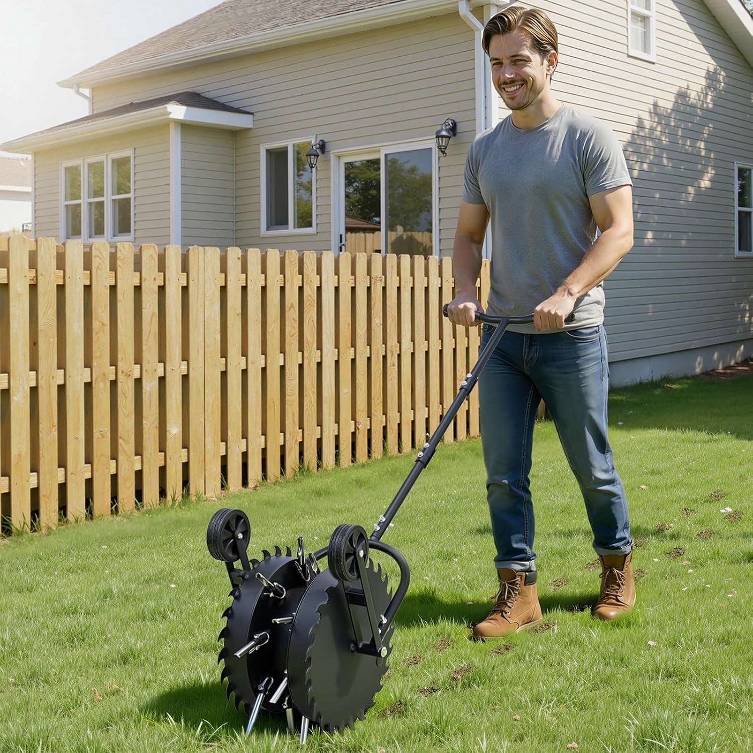 image:imageVEVOR Rolling Lawn Core Aerator 166 in Coring Aerator Roller with AntiClog Tines Heavy Duty amp RustResistant Yard Grass Pulling Plugs Manual Aeration Tool for Compacted Garden Soil Loosening