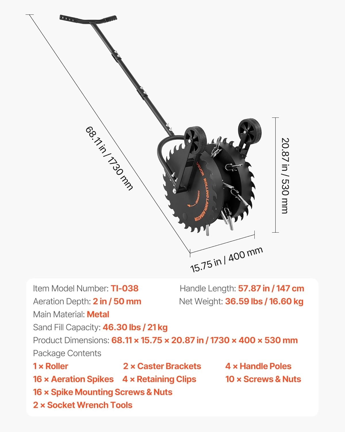 image:imageVEVOR Rolling Lawn Core Aerator 166 in Coring Aerator Roller with AntiClog Tines Heavy Duty amp RustResistant Yard Grass Pulling Plugs Manual Aeration Tool for Compacted Garden Soil Loosening