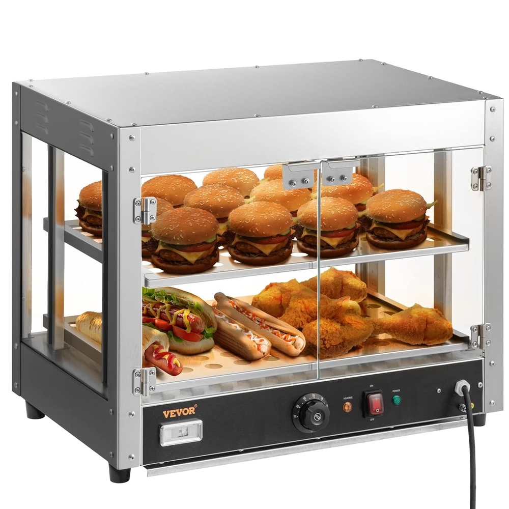 image:imageVEVOR Commercial Food Warmer Display 2 Tiers 800W Pizza Warmer w 3D Heating 3Color Lighting Bottom Fan Countertop Pastry Warmer wTemp Knob amp Display 06L Water Tray Stainless Frame Glass Doors
