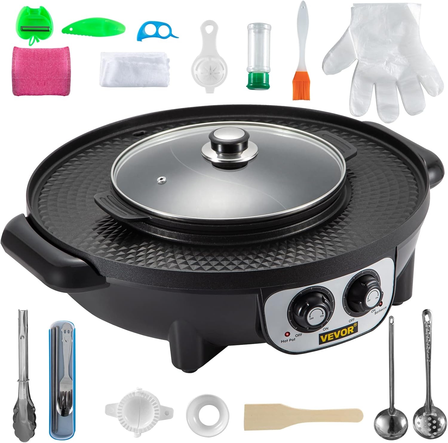 image:imageVEVOR Hot Pot with Grill 1800W 2in1 Electric Smokeless Grill and Hot Pot Korean BBQ Shabu Shabu Hotpot with Separate Dual Temperature Control Nonstick Pan for 28 People Family Dining1000WHot Pot1200WBBQ Grill