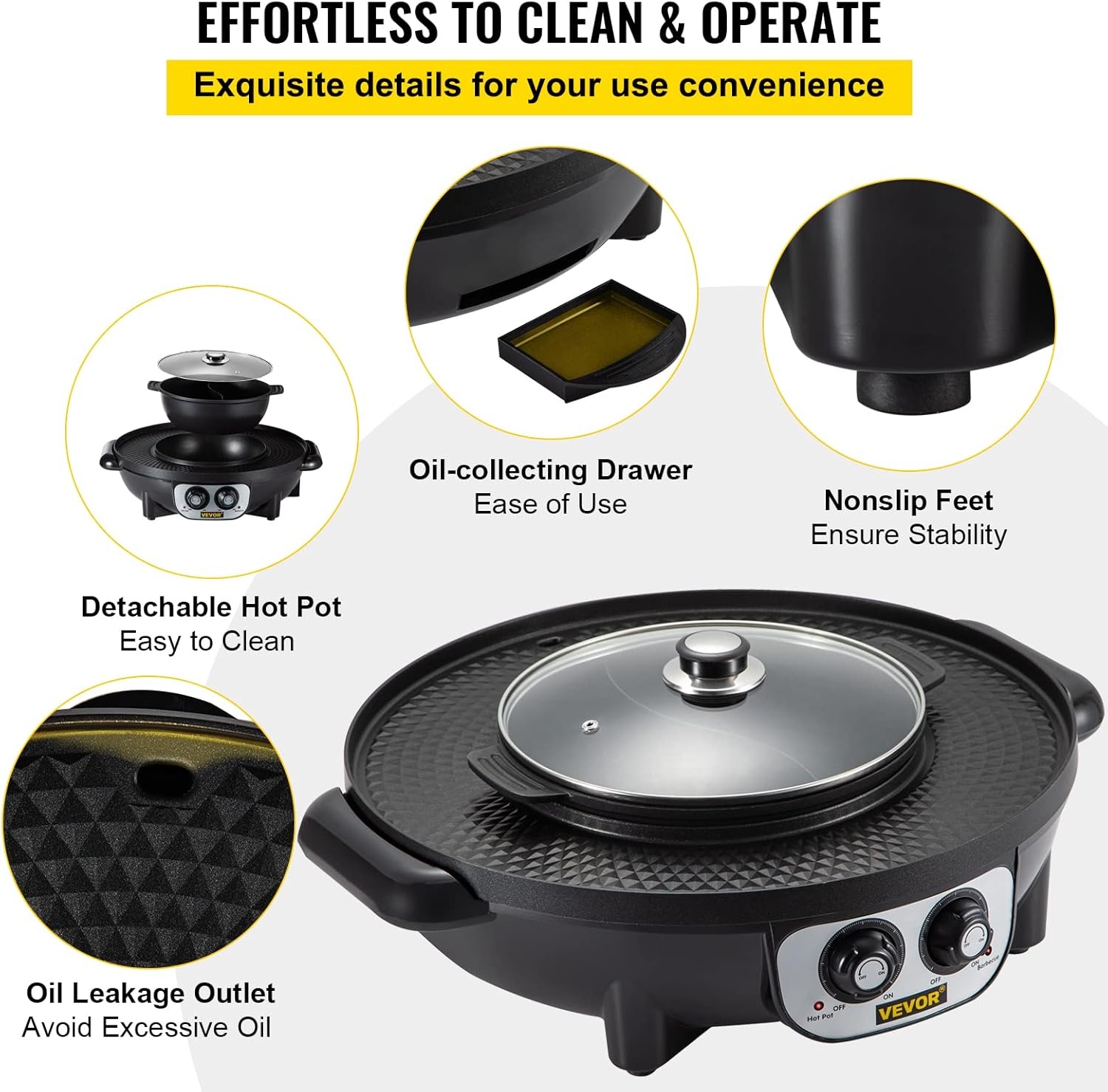 image:imageVEVOR Hot Pot with Grill 1800W 2in1 Electric Smokeless Grill and Hot Pot Korean BBQ Shabu Shabu Hotpot with Separate Dual Temperature Control Nonstick Pan for 28 People Family Dining1000WHot Pot1200WBBQ Grill