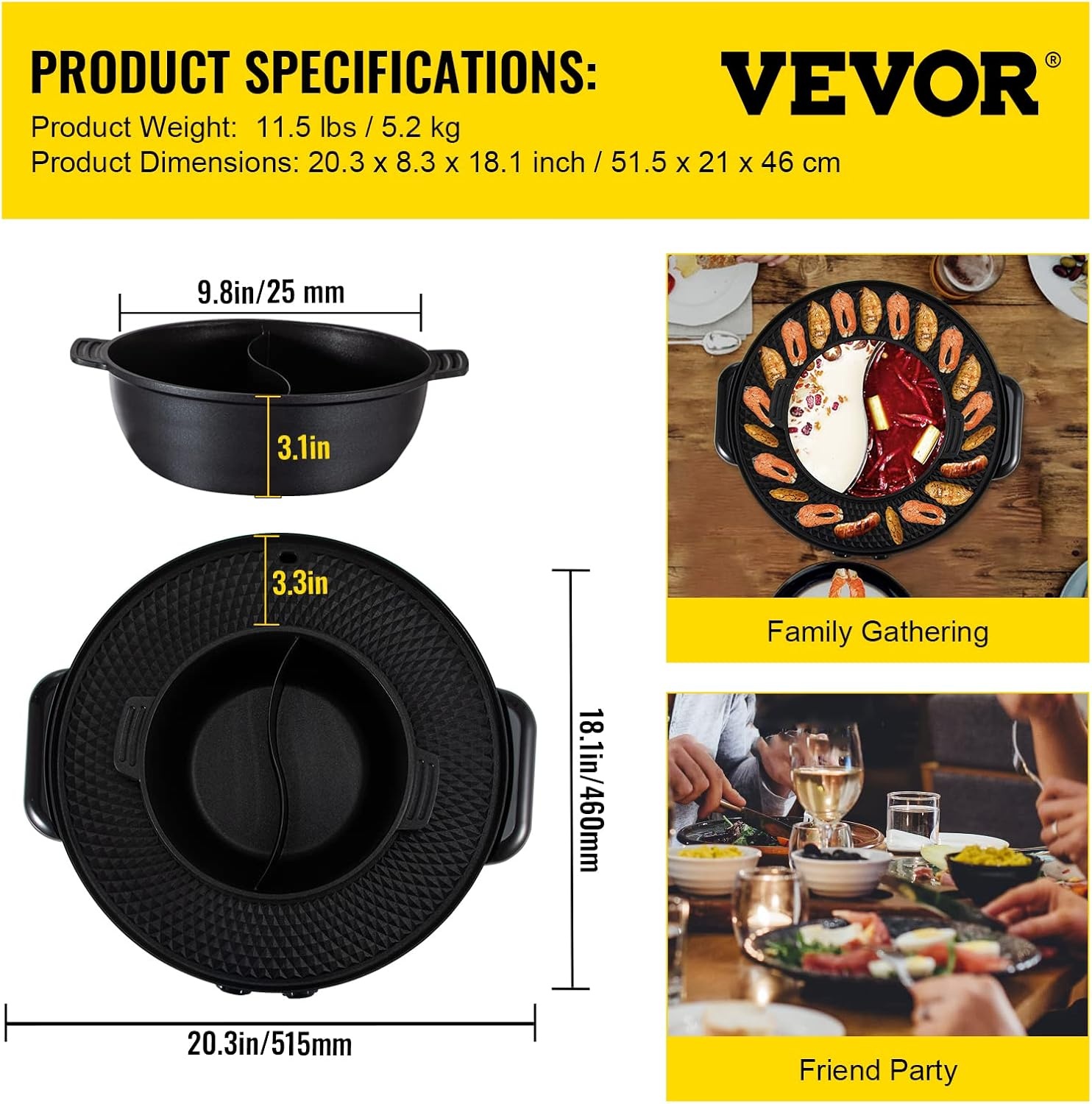 image:imageVEVOR Hot Pot with Grill 1800W 2in1 Electric Smokeless Grill and Hot Pot Korean BBQ Shabu Shabu Hotpot with Separate Dual Temperature Control Nonstick Pan for 28 People Family Dining1000WHot Pot1200WBBQ Grill