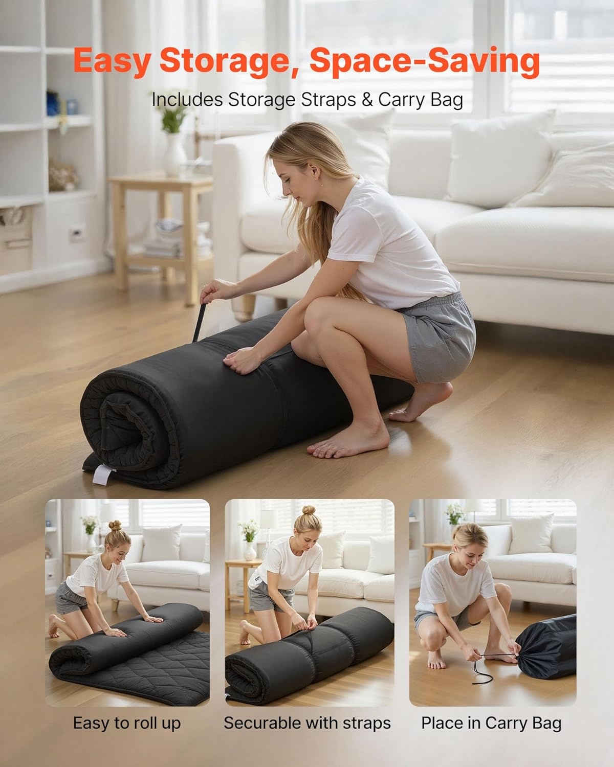 image:imageVEVOR Japanese Floor Mattress Futon Mattress 100 High Density Comfortable Foam Foldable Tatami Mat with Storage Bag Sleeping Pad for Camping Dormitory YogaBlack