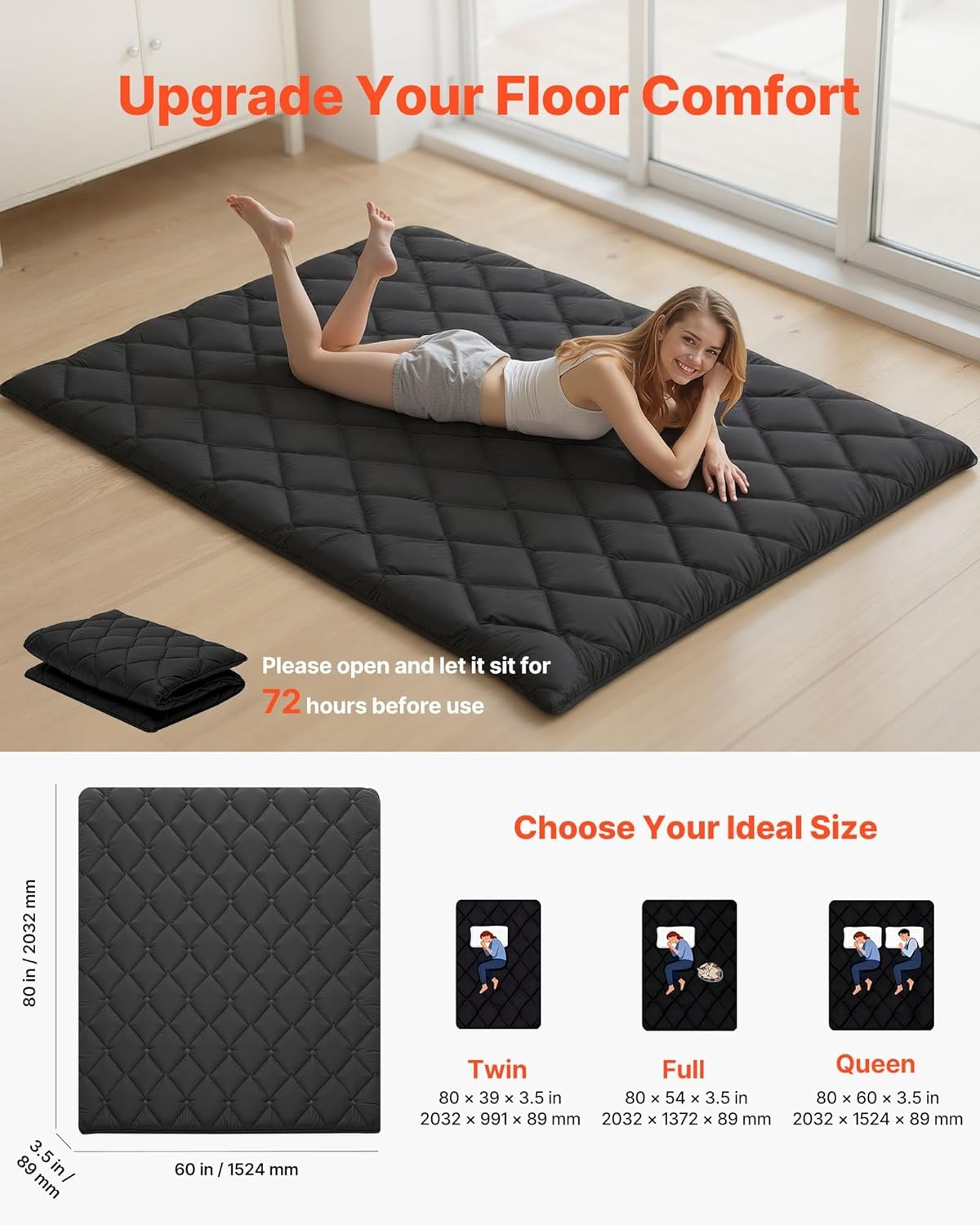 image:imageVEVOR Japanese Floor Mattress Futon Mattress 100 High Density Comfortable Foam Foldable Tatami Mat with Storage Bag Sleeping Pad for Camping Dormitory YogaBlack