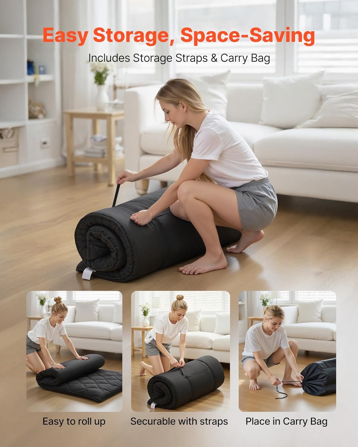 image:imageVEVOR Japanese Floor Mattress Futon Mattress 100 High Density Comfortable Foam Foldable Tatami Mat with Storage Bag Sleeping Pad for Camping Dormitory YogaBlack