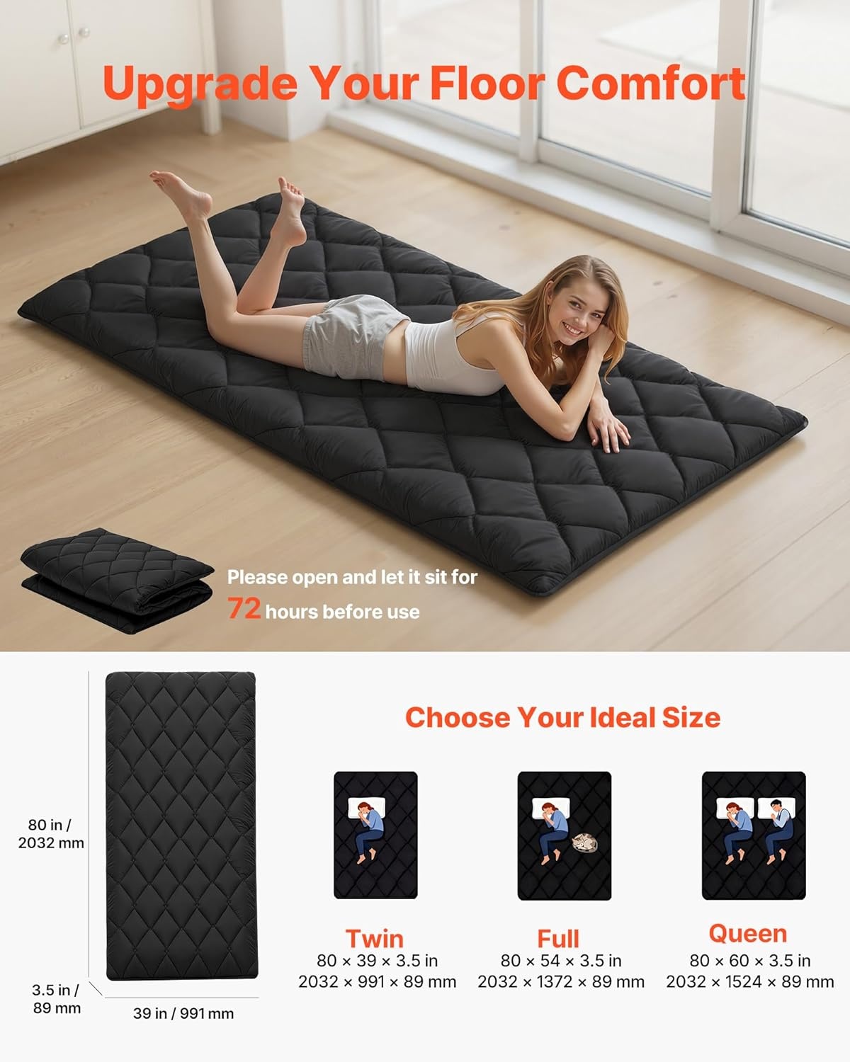 image:imageVEVOR Japanese Floor Mattress Futon Mattress 100 High Density Comfortable Foam Foldable Tatami Mat with Storage Bag Sleeping Pad for Camping Dormitory YogaBlack