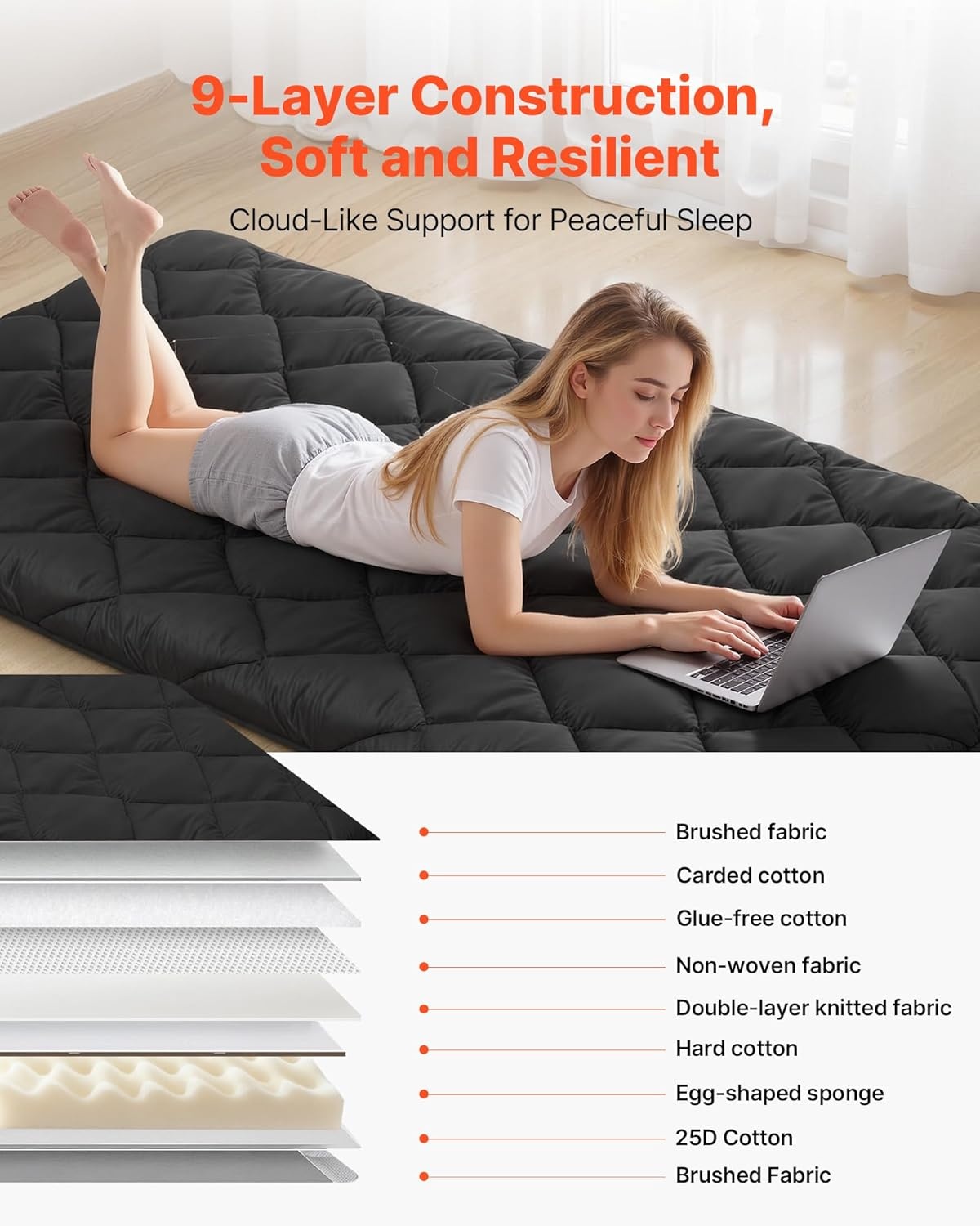 image:imageVEVOR Japanese Floor Mattress Futon Mattress 100 High Density Comfortable Foam Foldable Tatami Mat with Storage Bag Sleeping Pad for Camping Dormitory YogaBlack