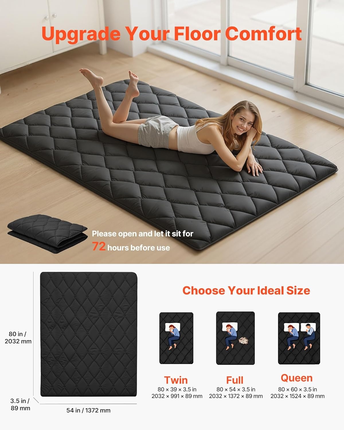 image:imageVEVOR Japanese Floor Mattress Futon Mattress 100 High Density Comfortable Foam Foldable Tatami Mat with Storage Bag Sleeping Pad for Camping Dormitory YogaBlack