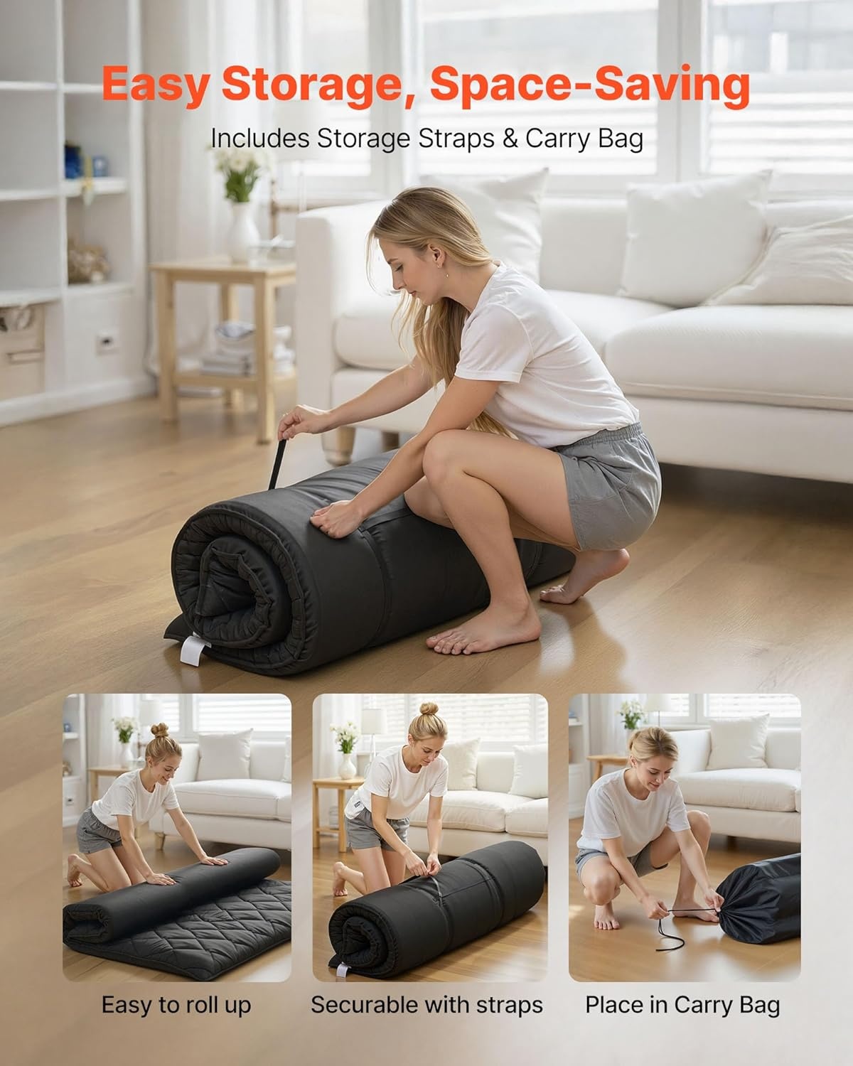 image:imageVEVOR Japanese Floor Mattress Futon Mattress 100 High Density Comfortable Foam Foldable Tatami Mat with Storage Bag Sleeping Pad for Camping Dormitory YogaBlack